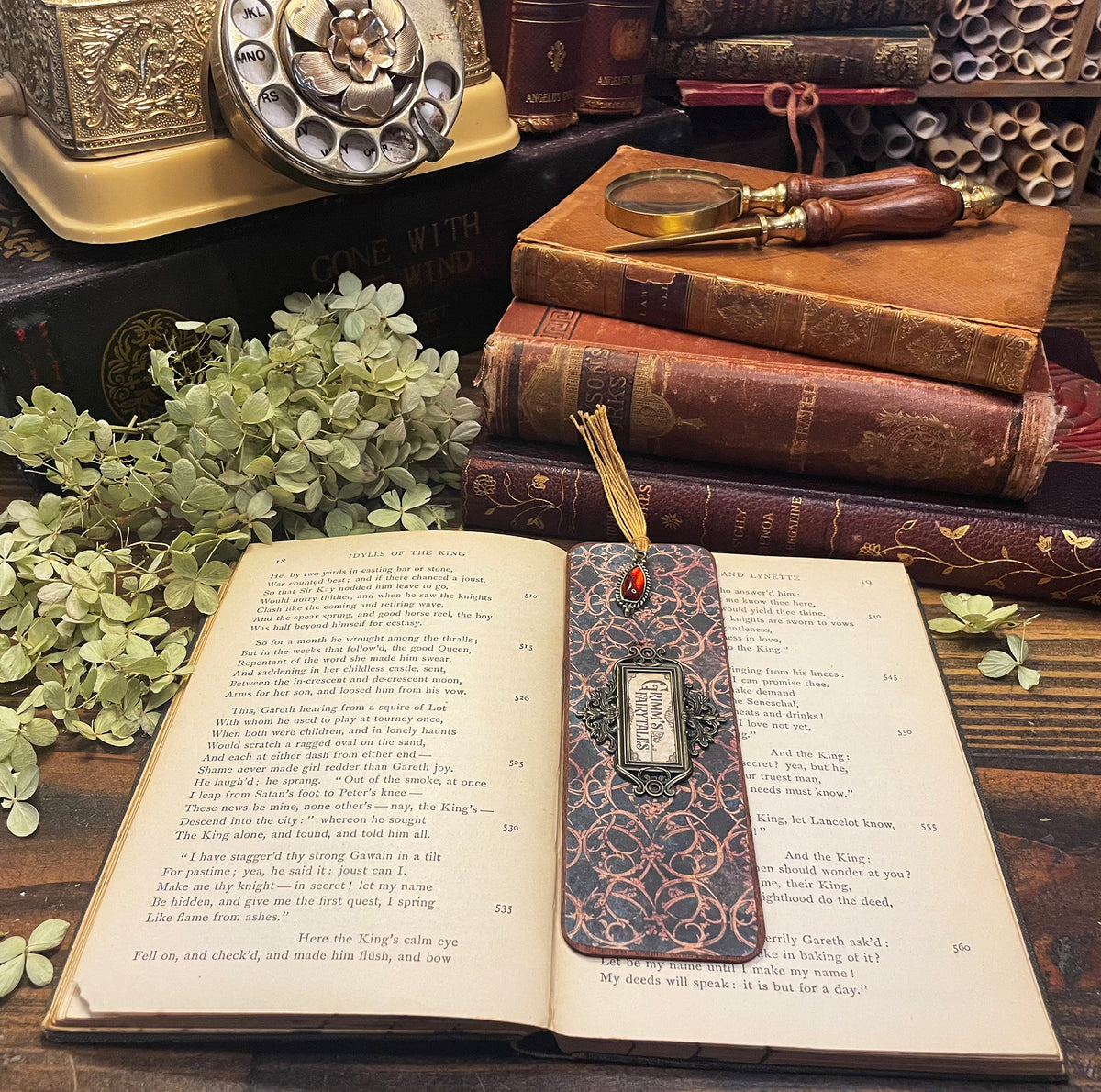 Grimm's Fairytales Bookmark: Handmade Wood Bookmark with Tassel and Charm