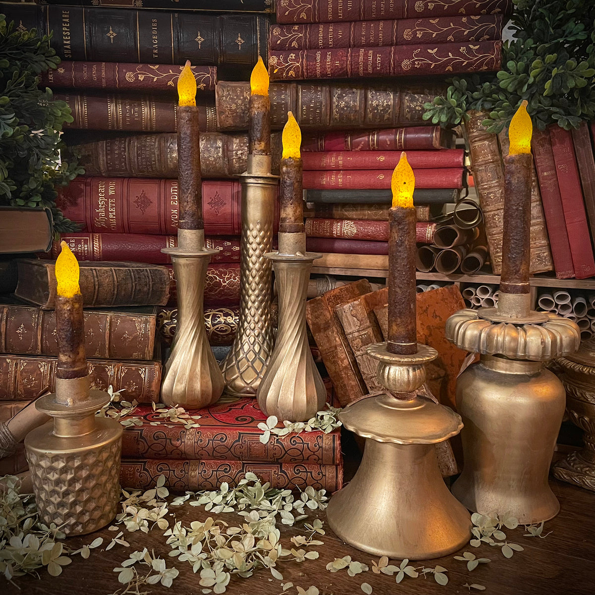 Dark Academia Gold Candlestick with Flickering Wax Candle, Battery-Operated