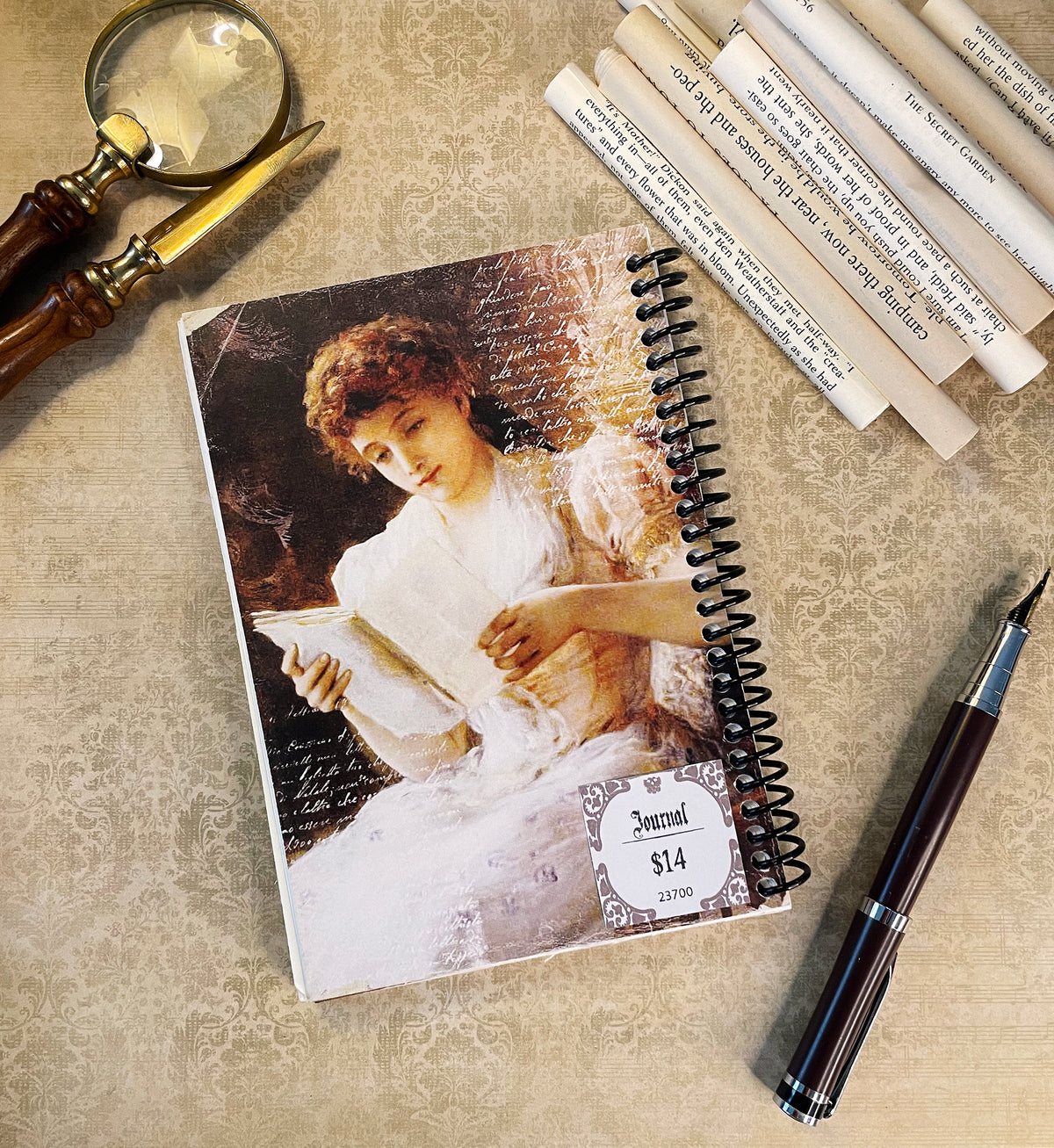 Reading Journal (“A Portrait of a Lady Reading a Book” by William Oliver II), handmade journal featuring book pages from classic titles