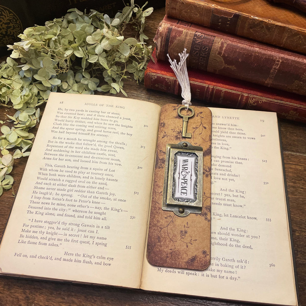 War and Peace Bookmark: Handmade Wood Bookmark with Tassel and Charm