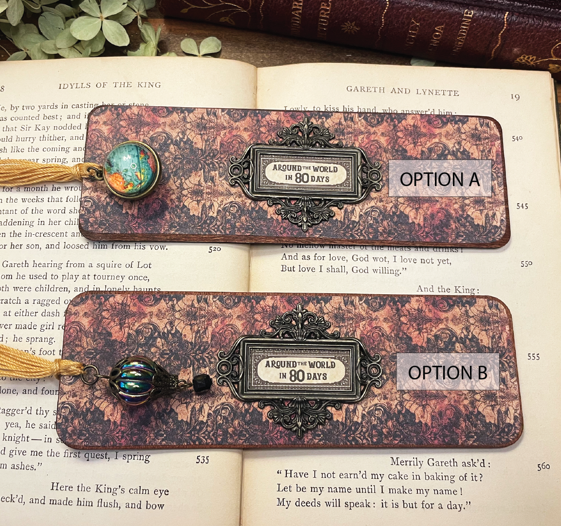 Around the World in 80 Days Bookmark: Handmade Wood Bookmark with Tassel and Charm