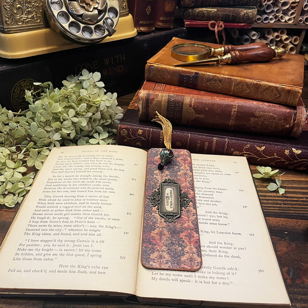Around the World in 80 Days Bookmark: Handmade Wood Bookmark with Tassel and Charm