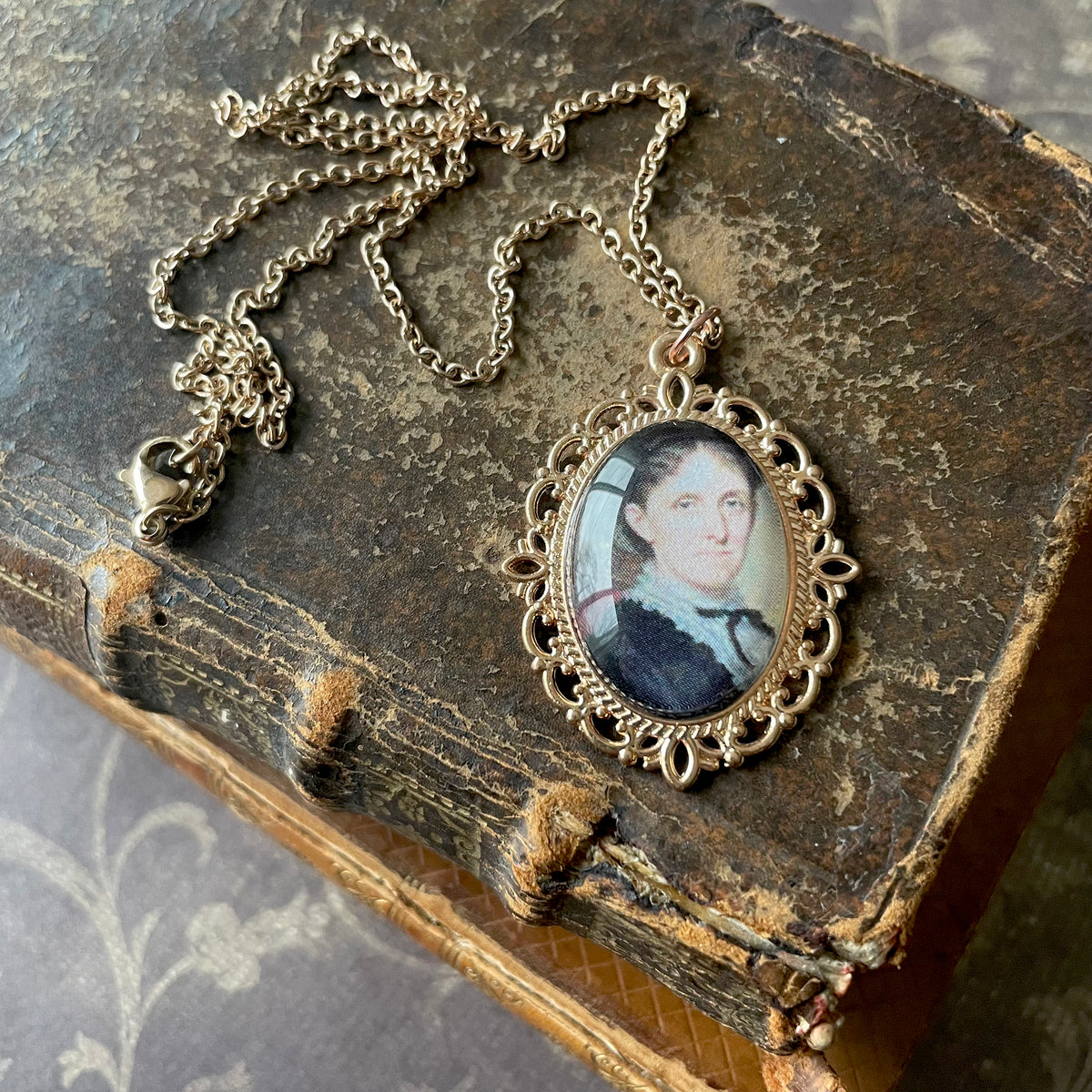 Louisa May Alcott Pendant Necklace, Rose Gold Necklace, Portrait Necklace, 18” rose gold chain