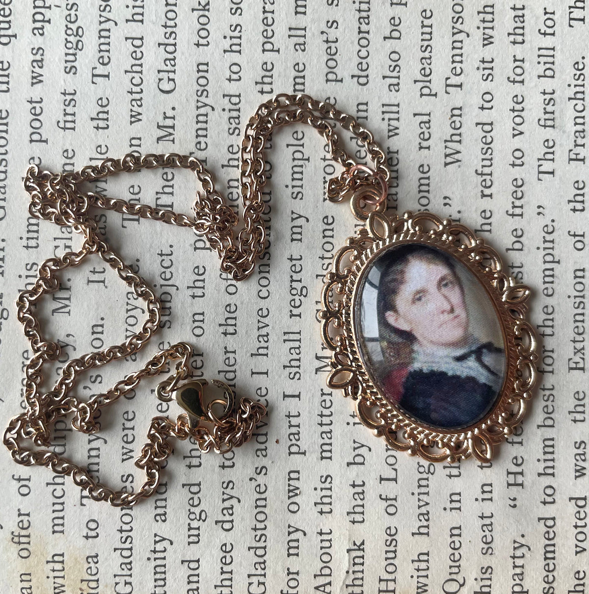 Louisa May Alcott Pendant Necklace, Rose Gold Necklace, Portrait Necklace, 18” rose gold chain
