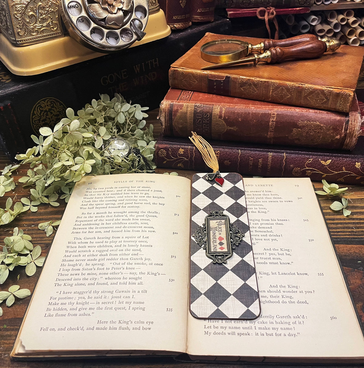 Alice in Wonderland Bookmark: Handmade Wood Bookmark with Tassel and Charm