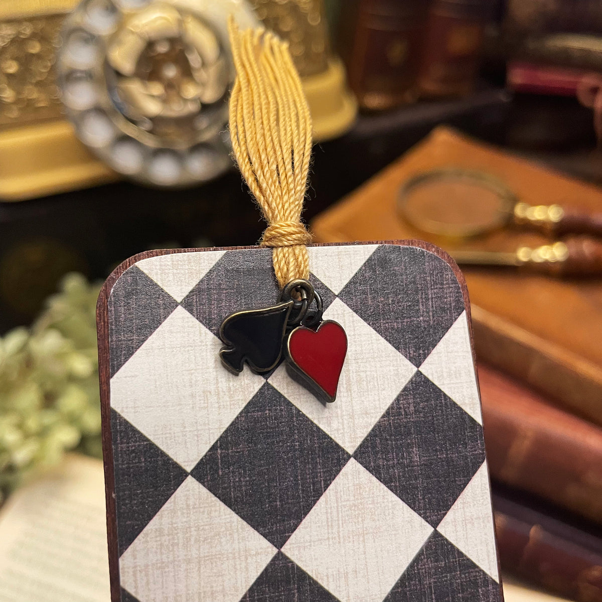 Alice in Wonderland Bookmark: Handmade Wood Bookmark with Tassel and Charm