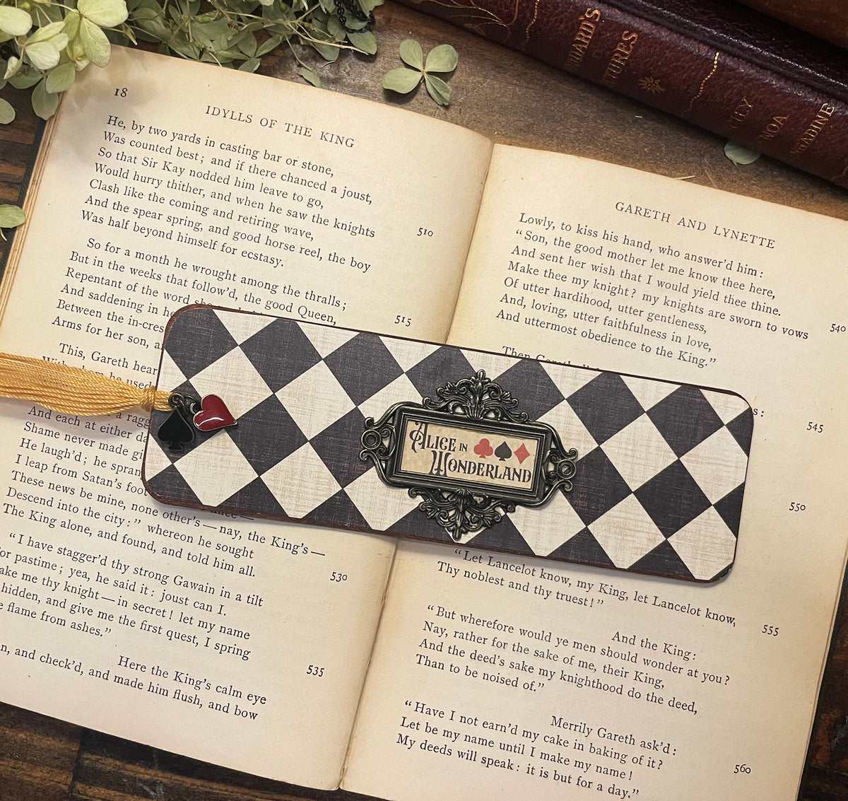 Alice in Wonderland Bookmark: Handmade Wood Bookmark with Tassel and Charm