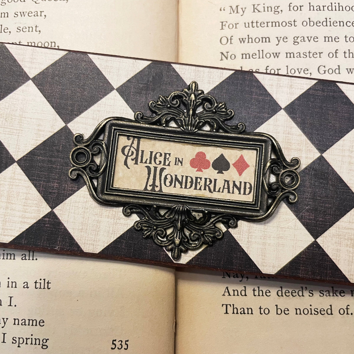 Alice in Wonderland Bookmark: Handmade Wood Bookmark with Tassel and Charm