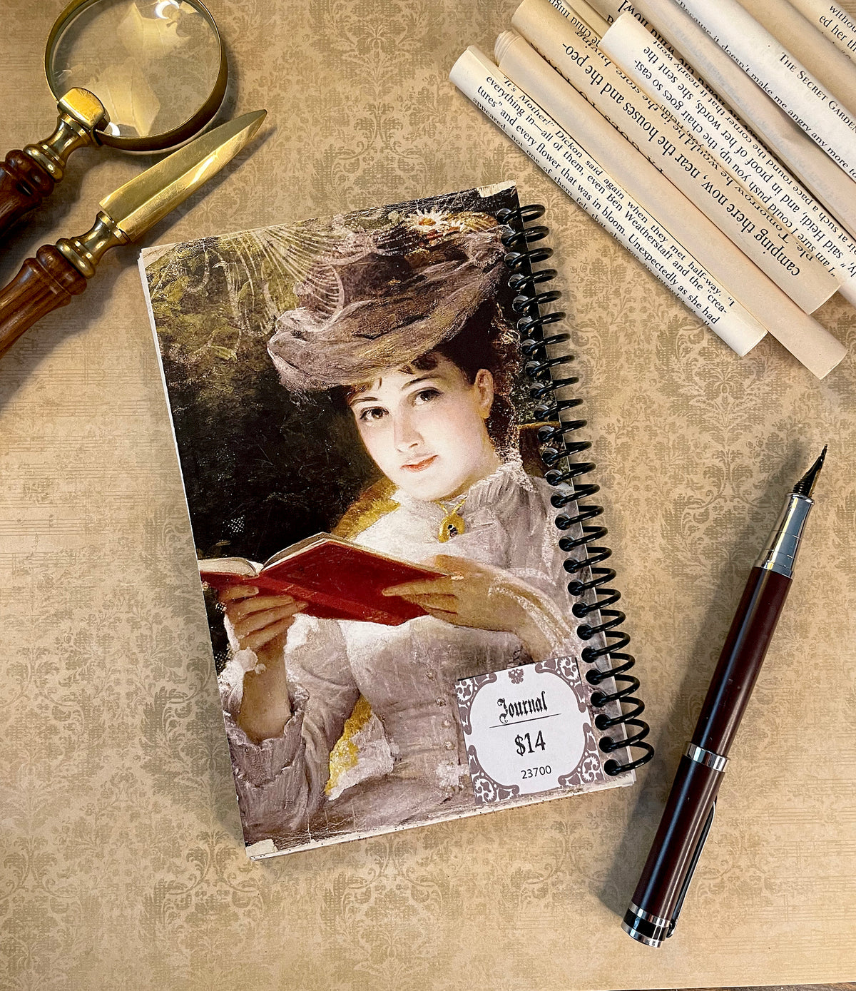 Reading Journal (“Ana Bolena Arquer” by Jules Adolphe Goupil), handmade journal featuring book pages from classic titles