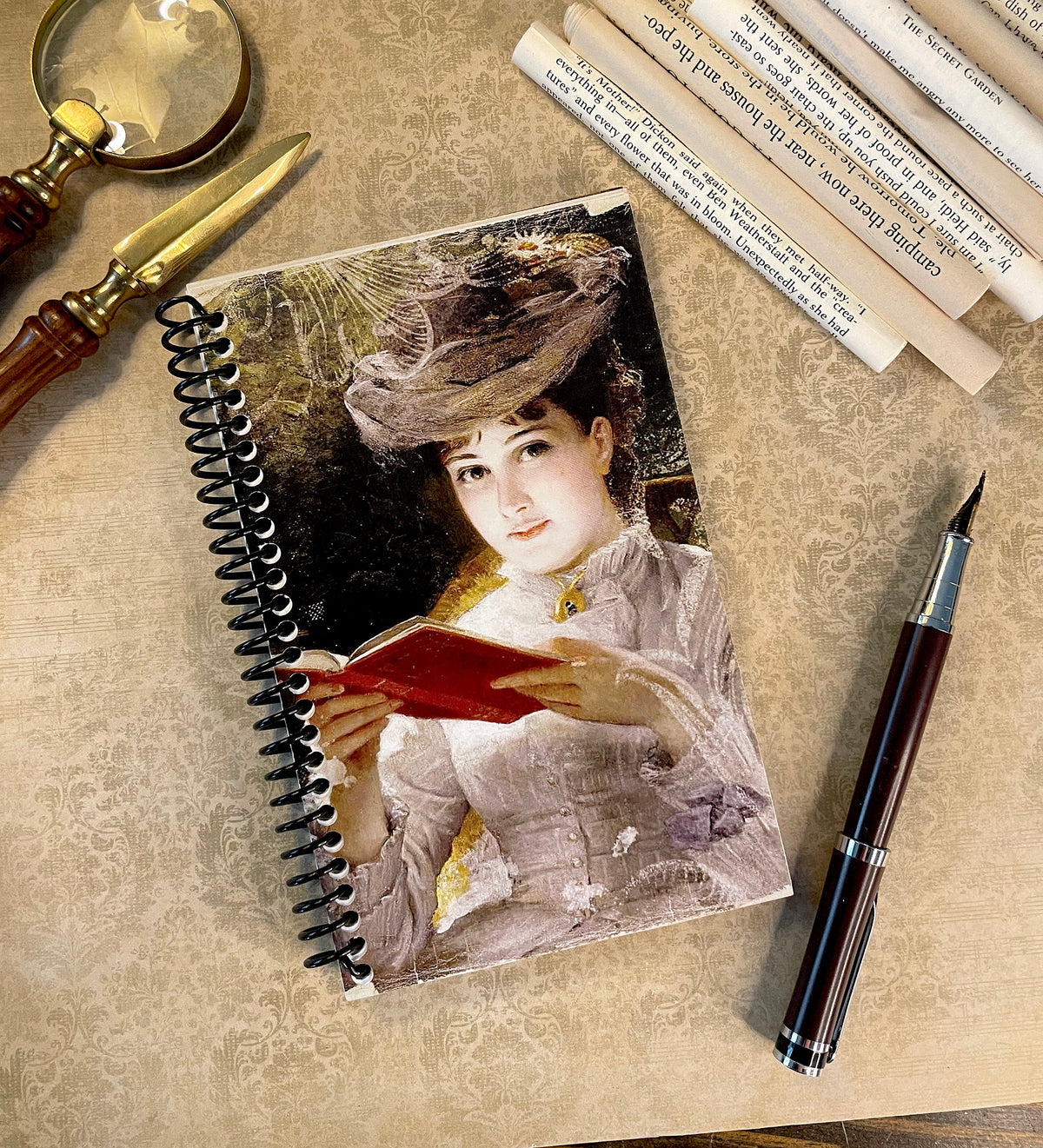 Reading Journal (“Ana Bolena Arquer” by Jules Adolphe Goupil), handmade journal featuring book pages from classic titles