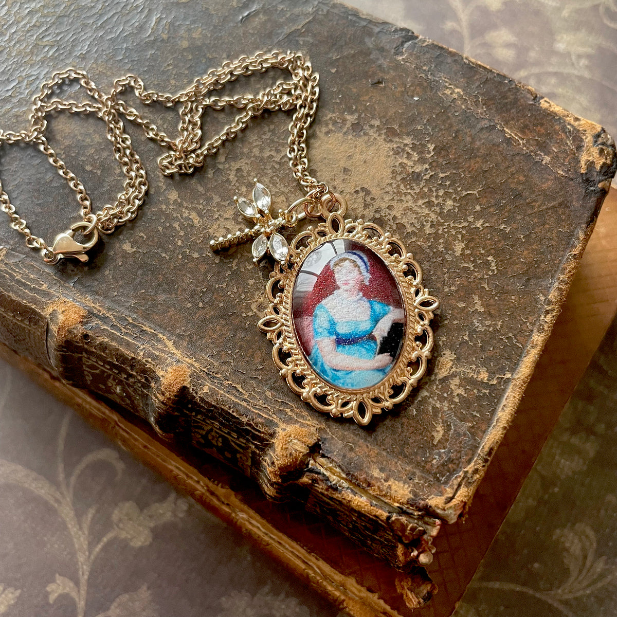 Jane Austen Pendant Necklace, Rose Gold Necklace, Portrait Necklace, 18” rose gold chain