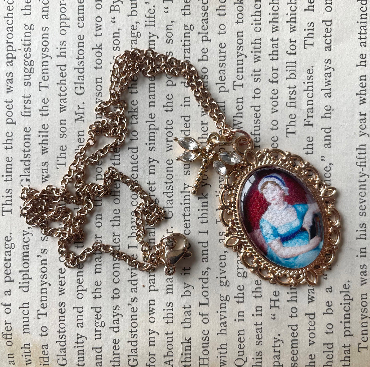 Jane Austen Pendant Necklace, Rose Gold Necklace, Portrait Necklace, 18” rose gold chain