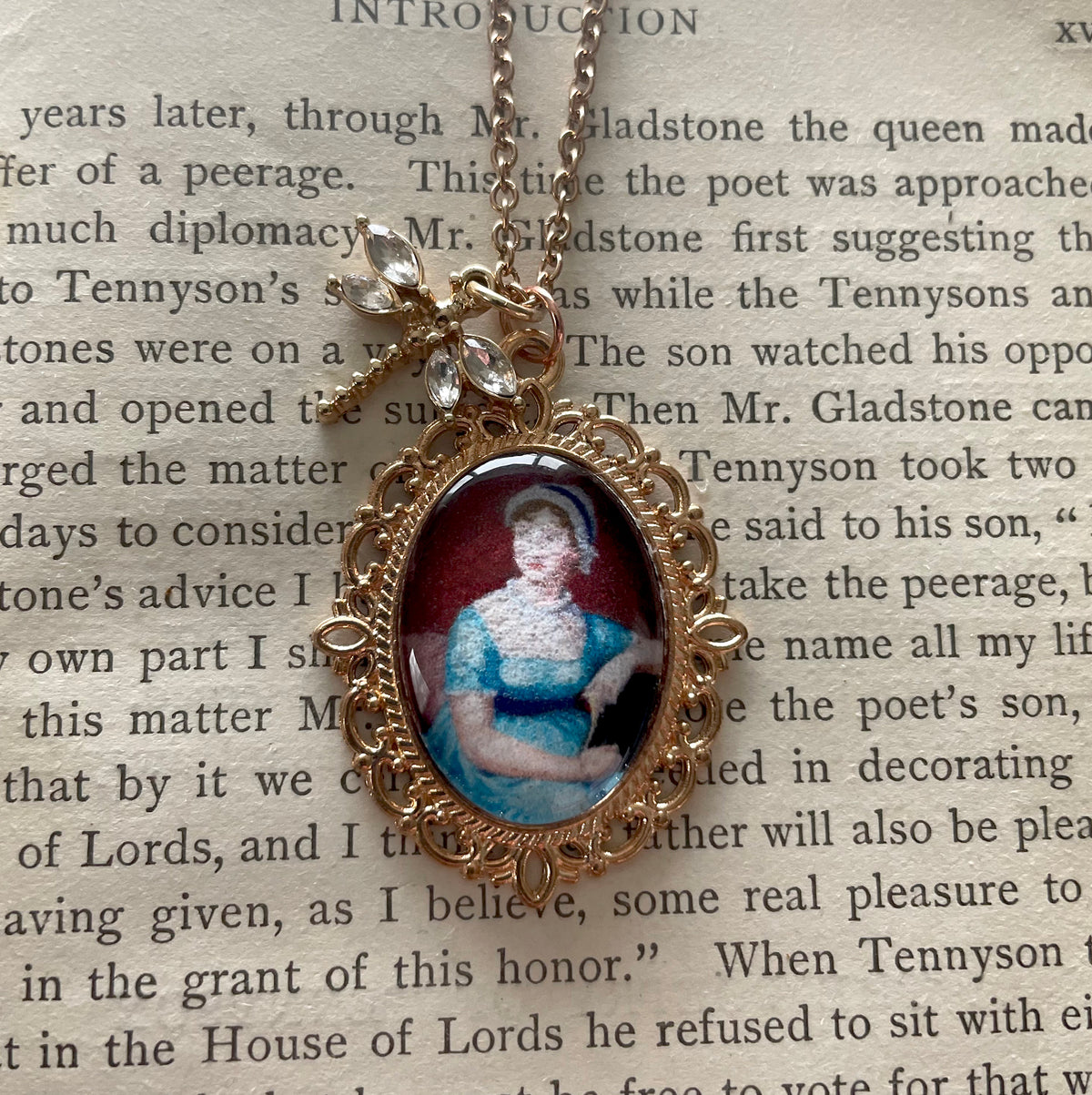 Jane Austen Pendant Necklace, Rose Gold Necklace, Portrait Necklace, 18” rose gold chain