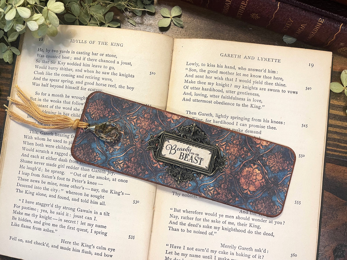 Beauty & the Beast Bookmark: Handmade Wood Bookmark with Tassel and Charm