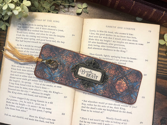 Beauty & the Beast Bookmark: Handmade Wood Bookmark with Tassel and Charm