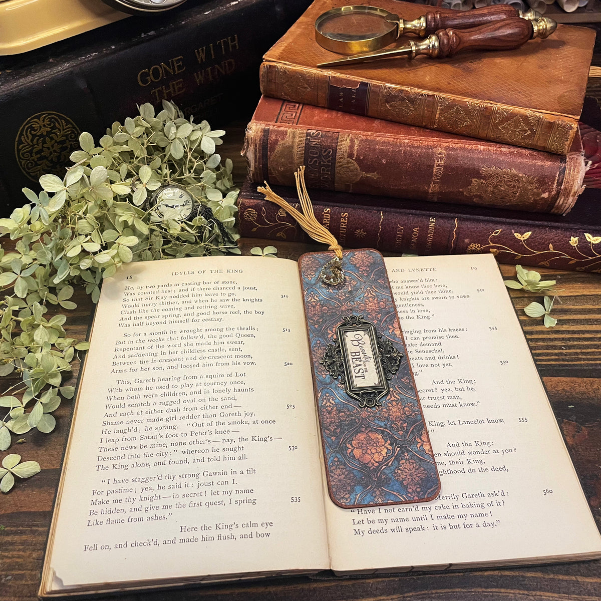Beauty & the Beast Bookmark: Handmade Wood Bookmark with Tassel and Charm