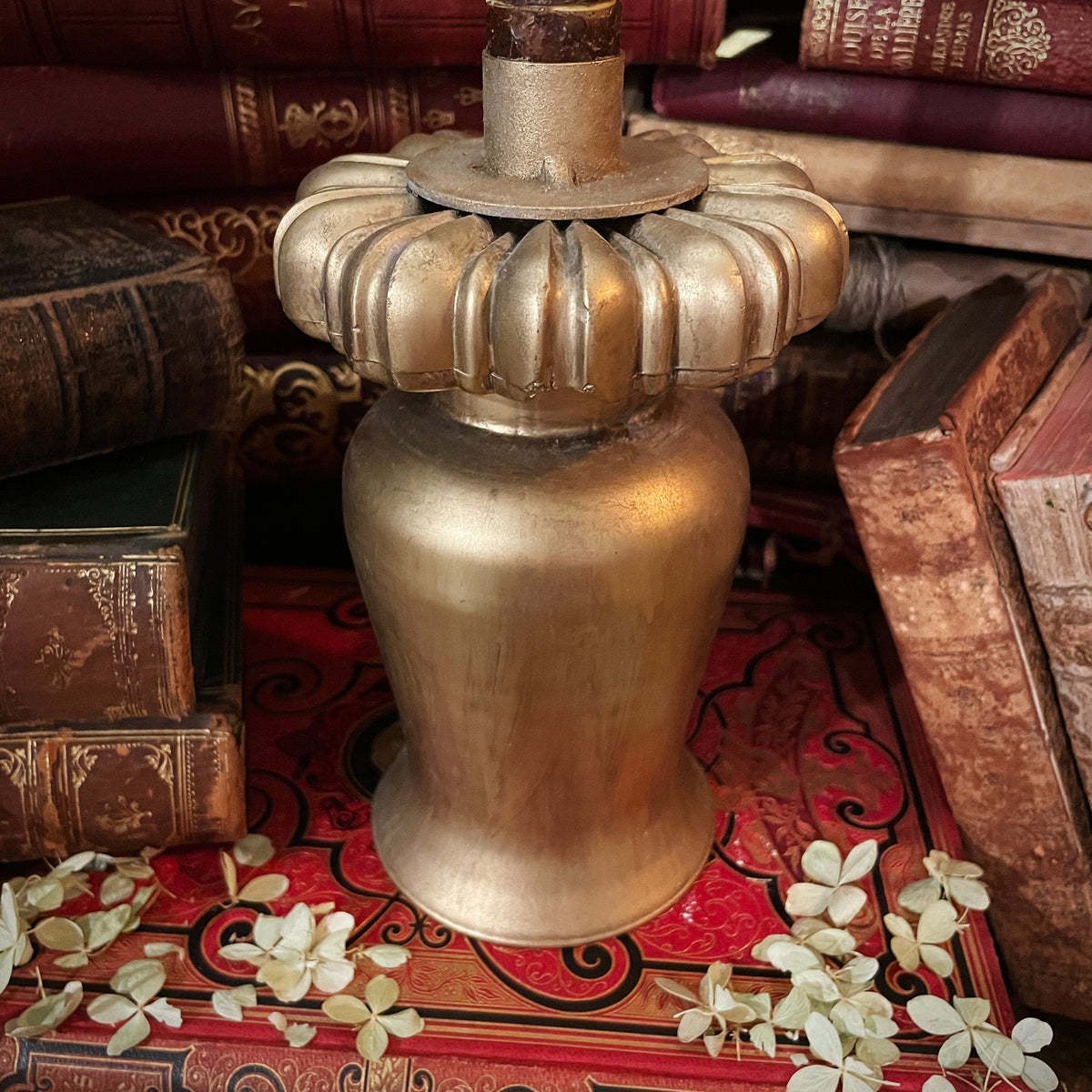 Antique Gold Candlestick with Flickering Wax Candle, Battery-Operated
