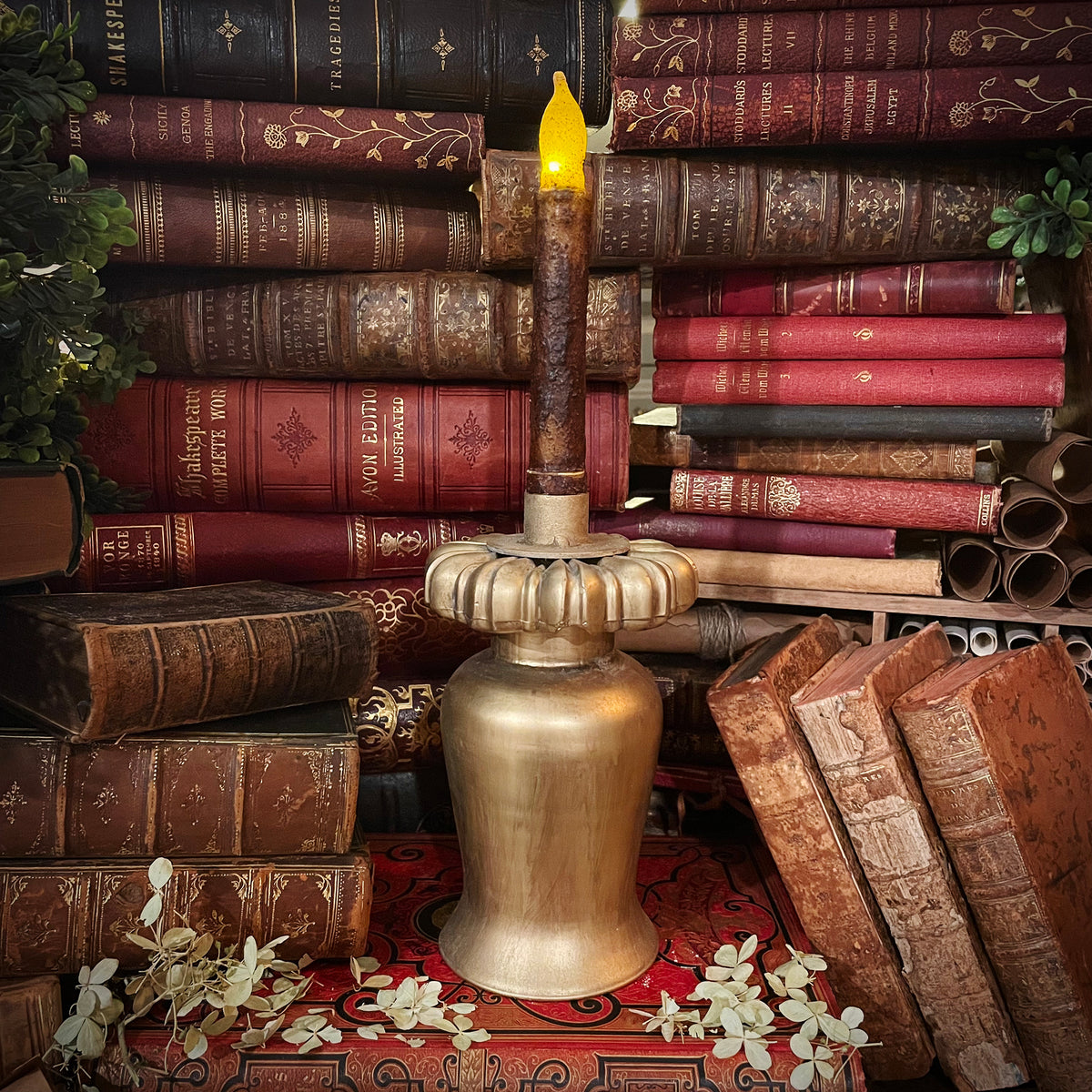 Antique Gold Candlestick with Flickering Wax Candle, Battery-Operated