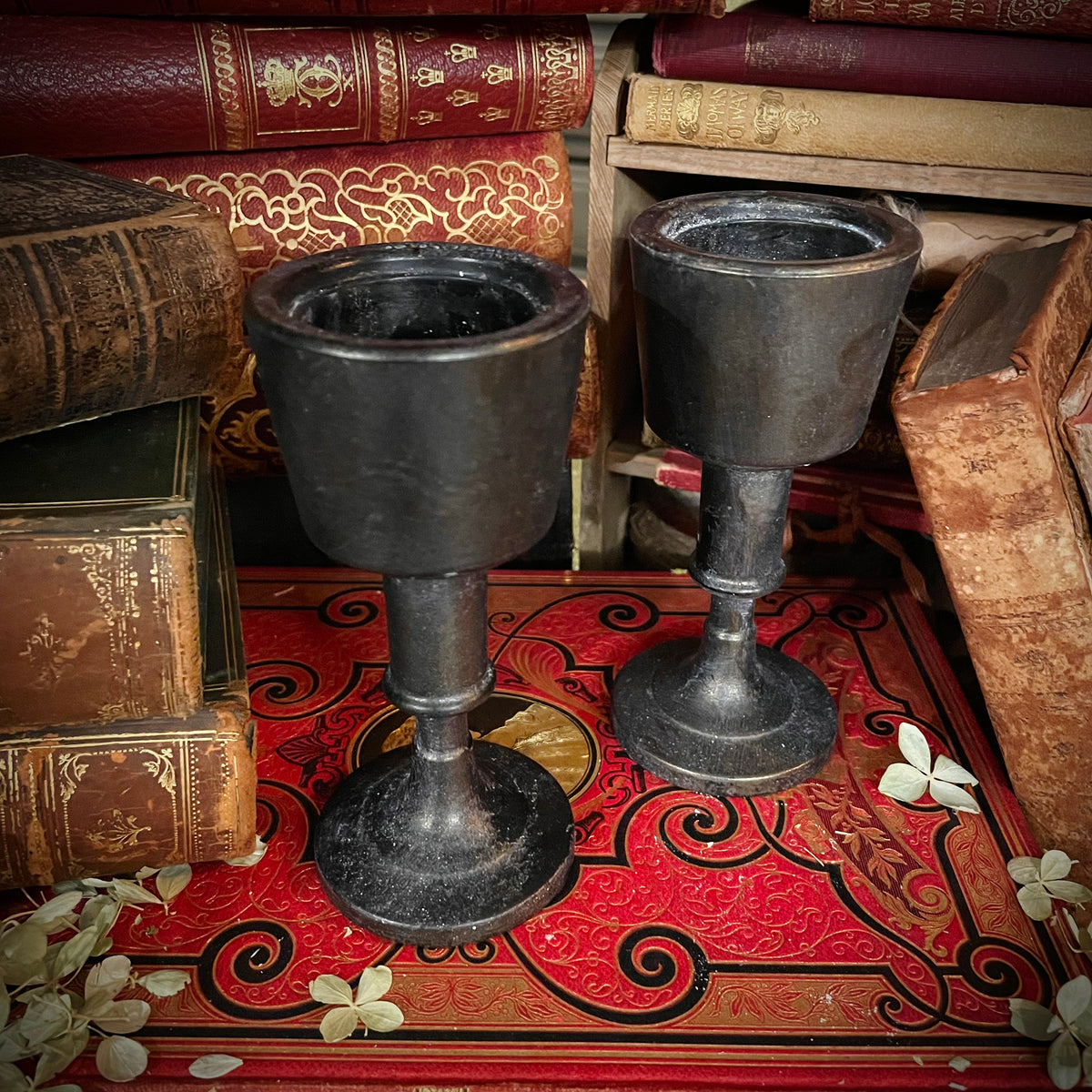 Antique Black Candlestick with Flickering Wax Candle, Battery-Operated