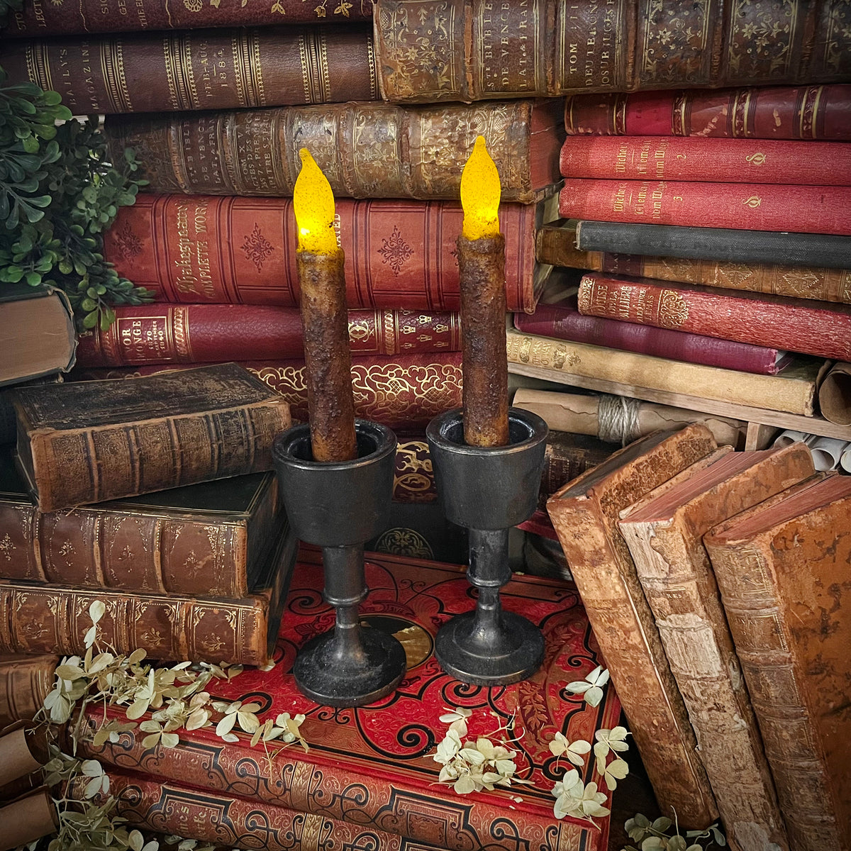 Antique Black Candlestick with Flickering Wax Candle, Battery-Operated