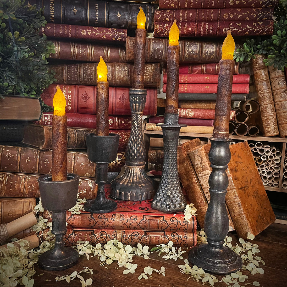 Dark Academia Black Candlestick with Flickering Wax Candle, Battery-Operated
