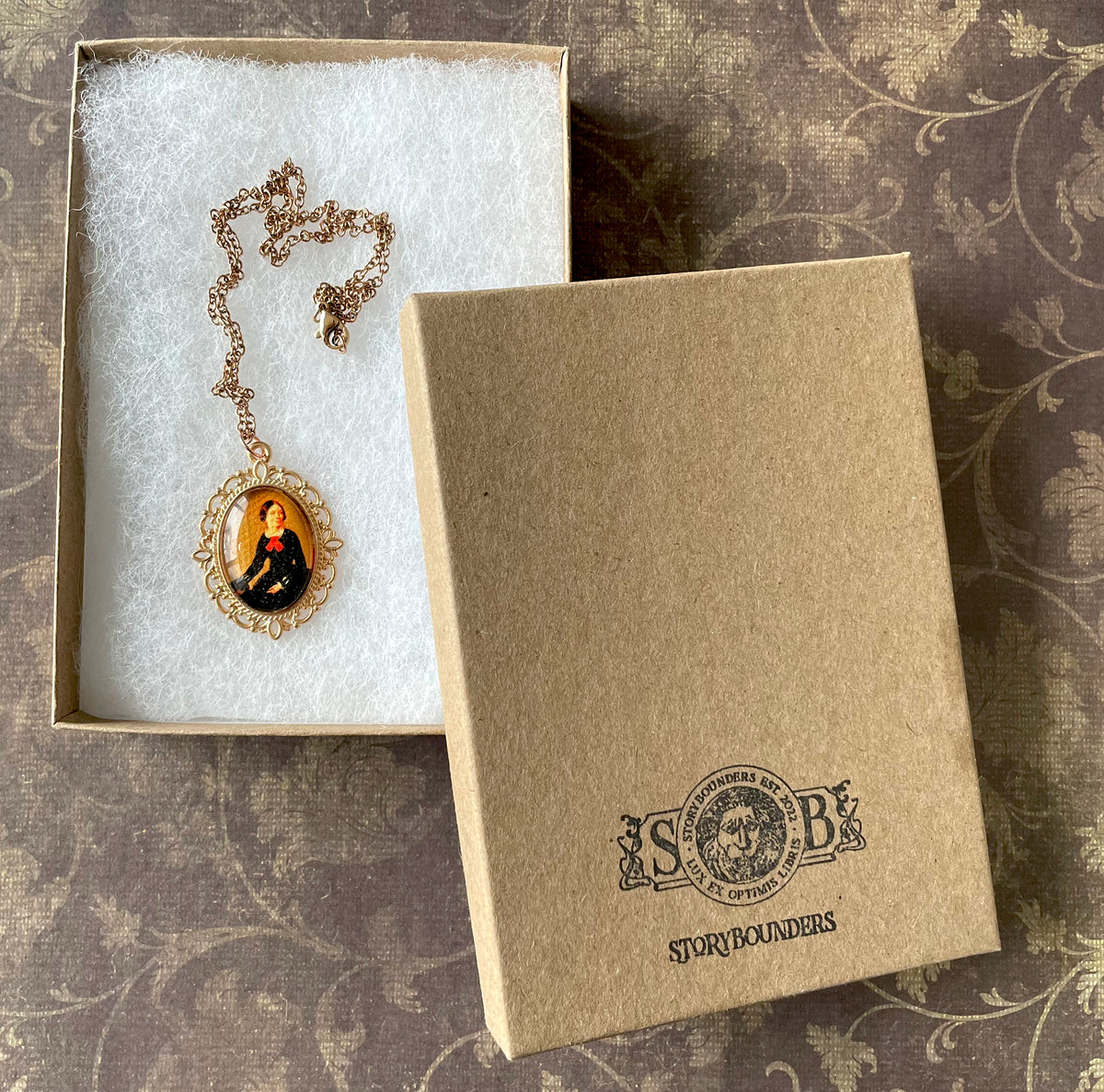Charlotte Brontë Pendant Necklace, Rose Gold Necklace, Portrait Necklace, 18” rose gold chain