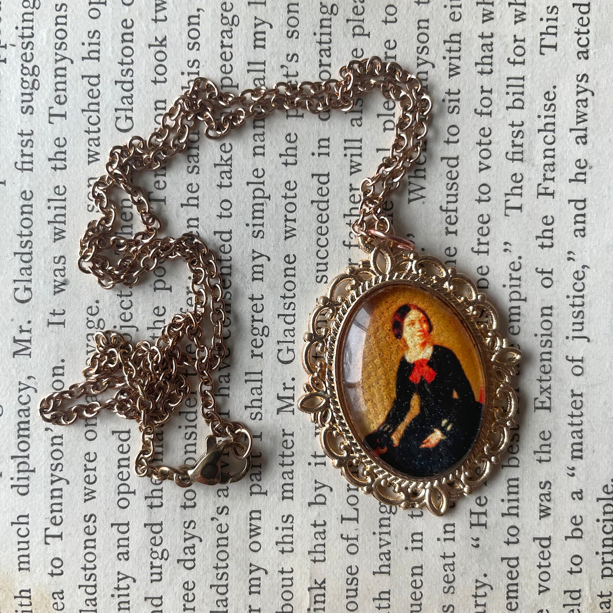 Charlotte Brontë Pendant Necklace, Rose Gold Necklace, Portrait Necklace, 18” rose gold chain