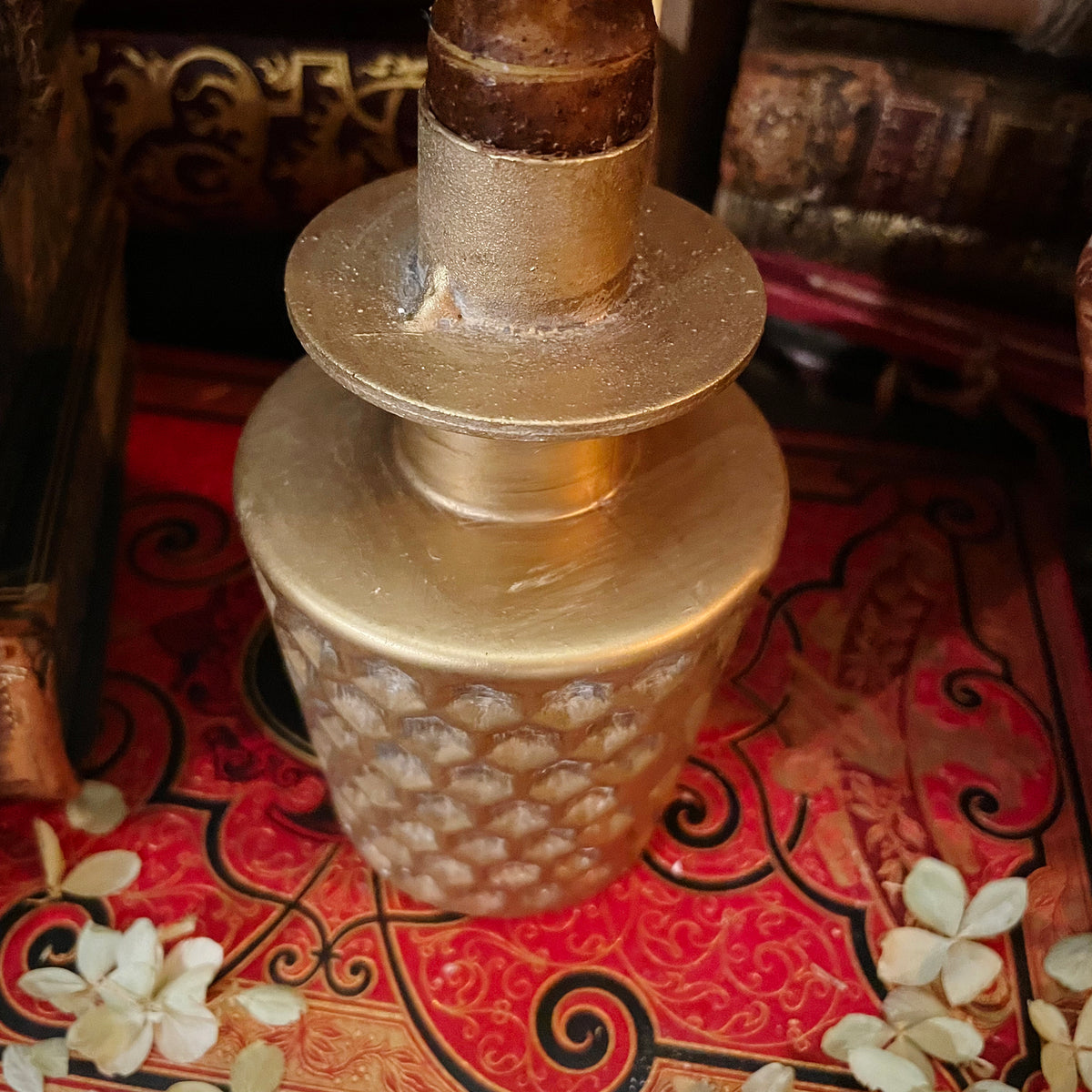 Antique Gold Candlestick with Flickering Wax Candle, Battery-Operated