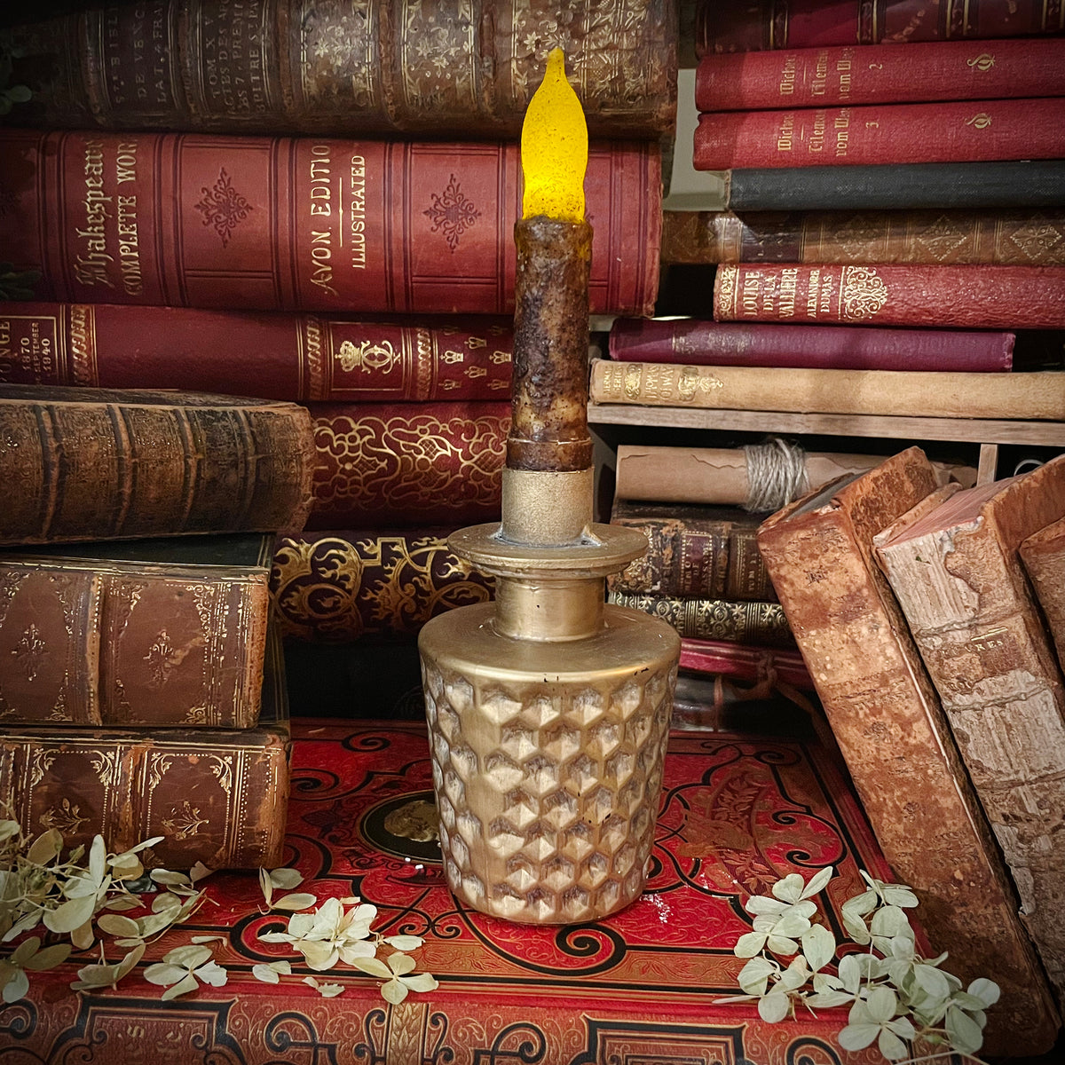 Antique Gold Candlestick with Flickering Wax Candle, Battery-Operated