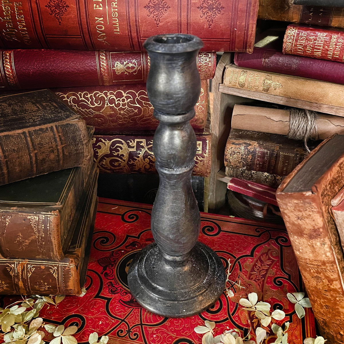 Dark Academia Black Candlestick with Flickering Wax Candle, Battery-Operated