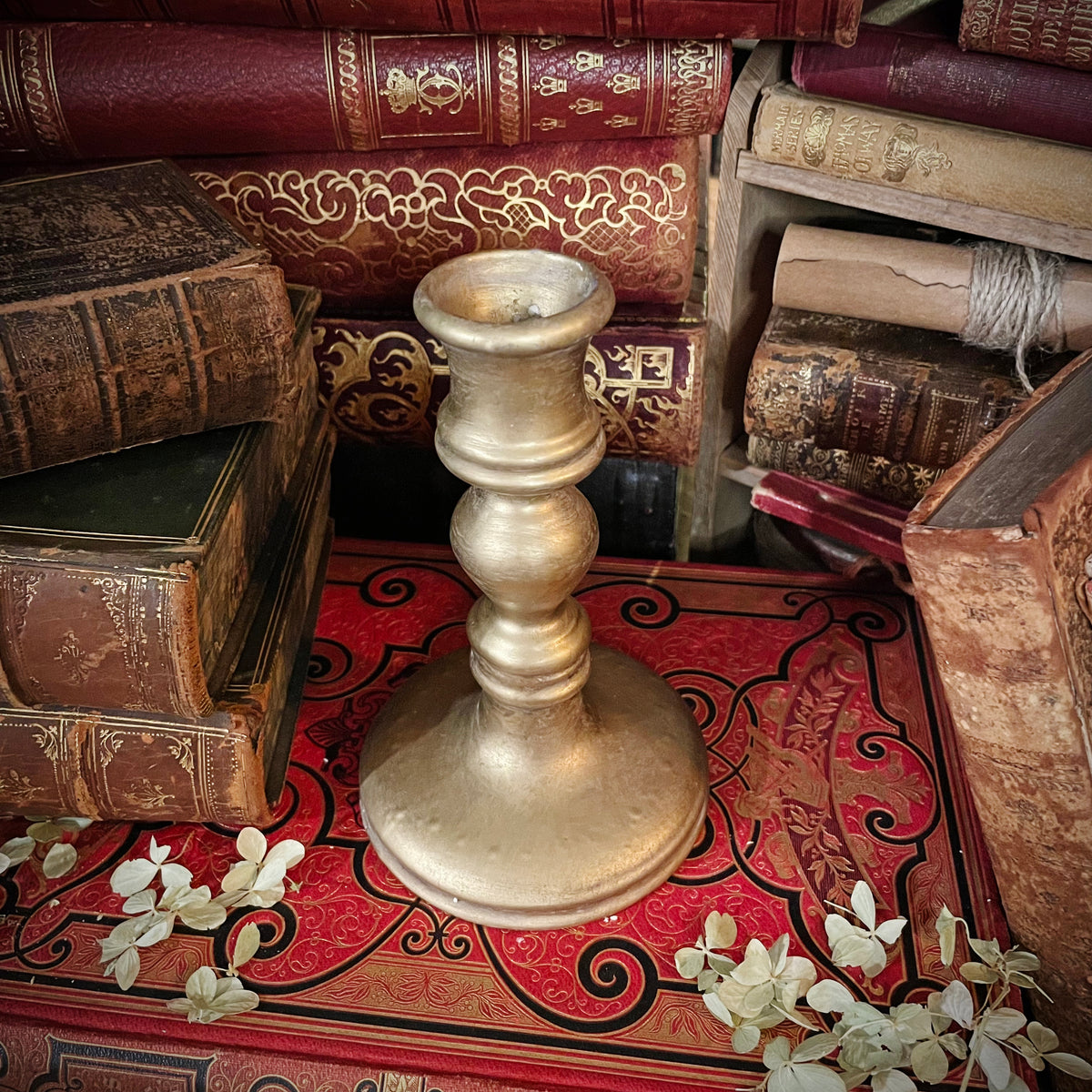 Dark Academia Gold Candlestick with Flickering Wax Candle, Battery-Operated