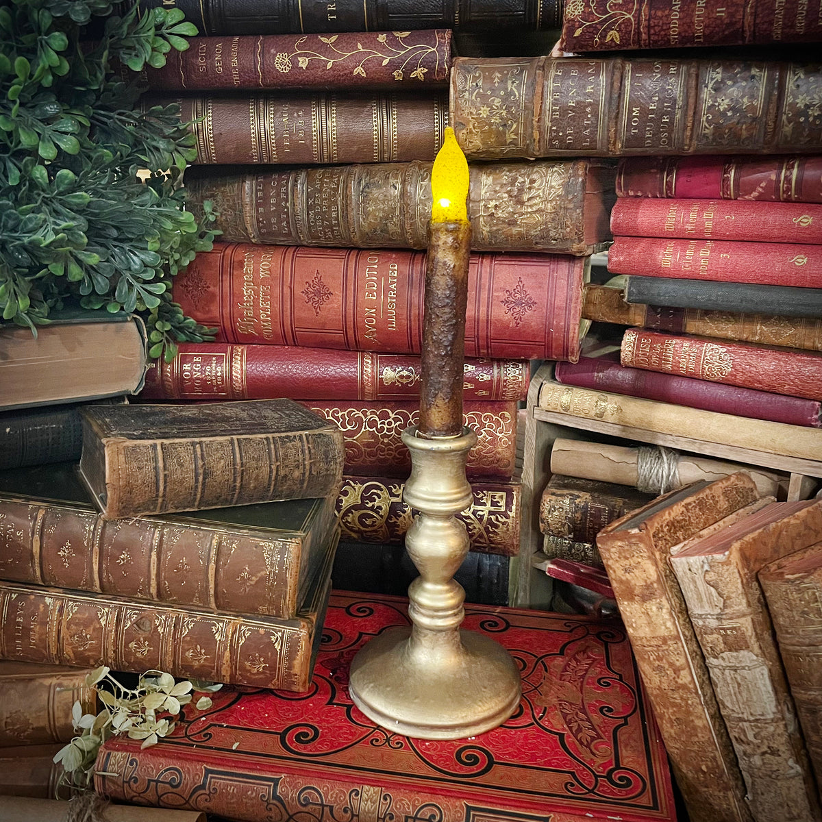 Dark Academia Gold Candlestick with Flickering Wax Candle, Battery-Operated