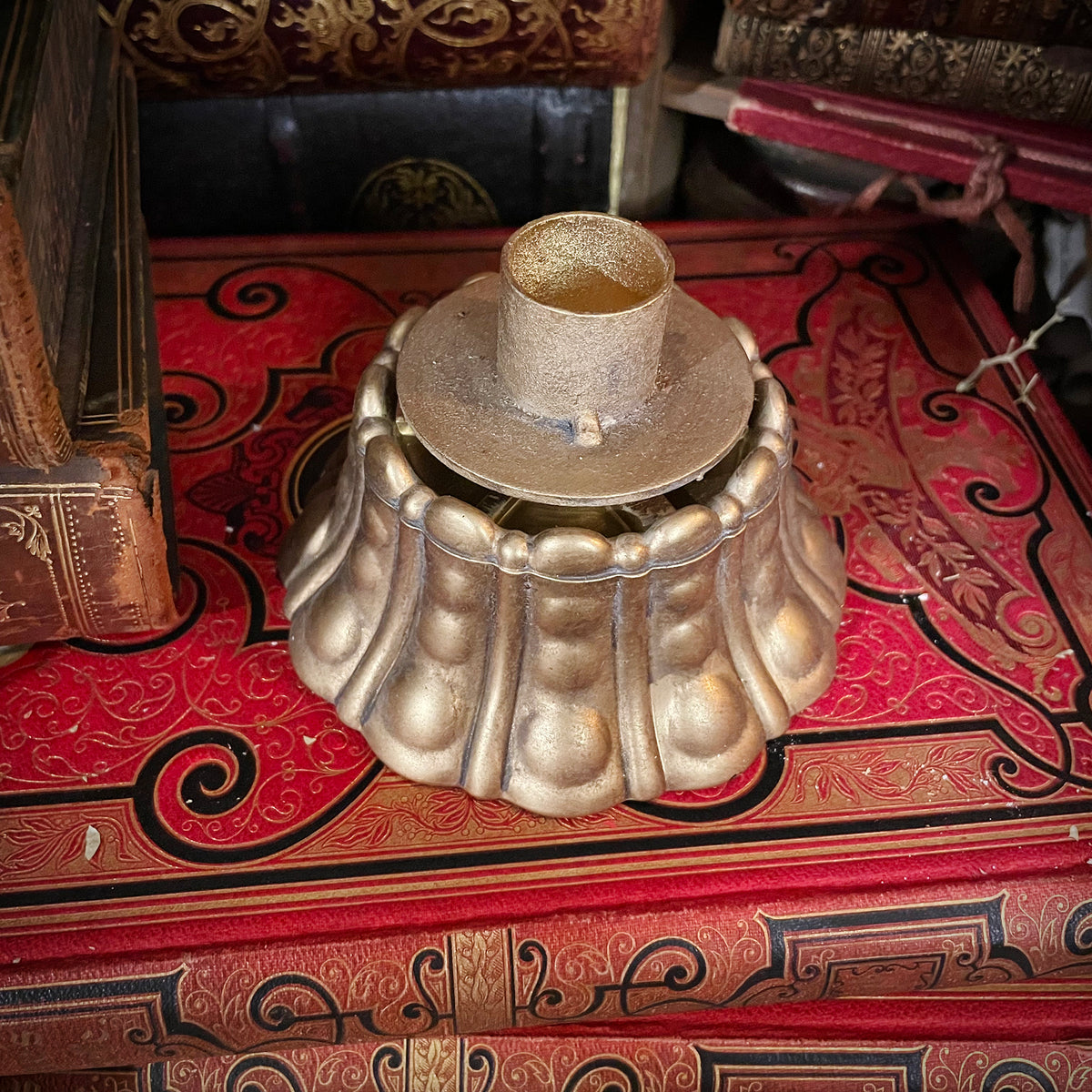 Antique Gold Candlestick with Flickering Wax Candle, Battery-Operated