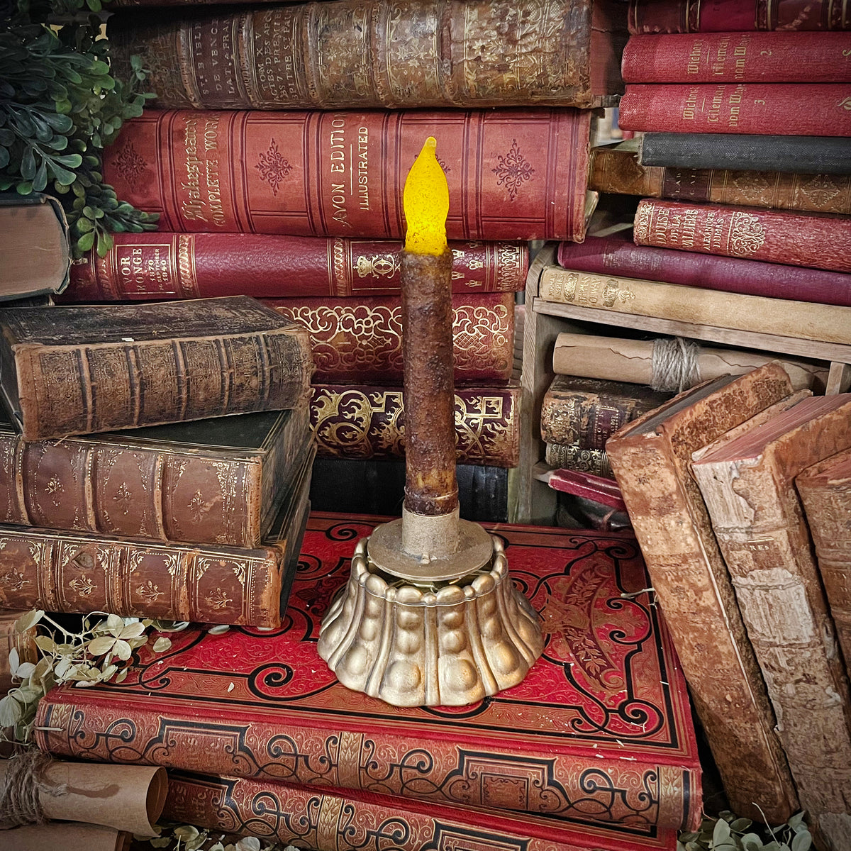 Antique Gold Candlestick with Flickering Wax Candle, Battery-Operated