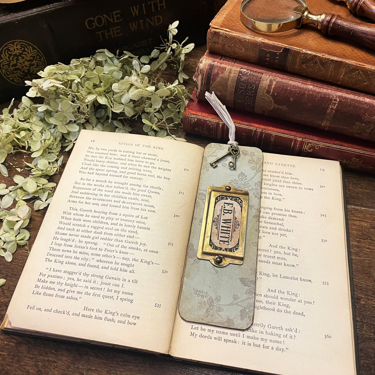 E.B. White Bookmark: Handmade Wood Bookmark with Tassel and Charm