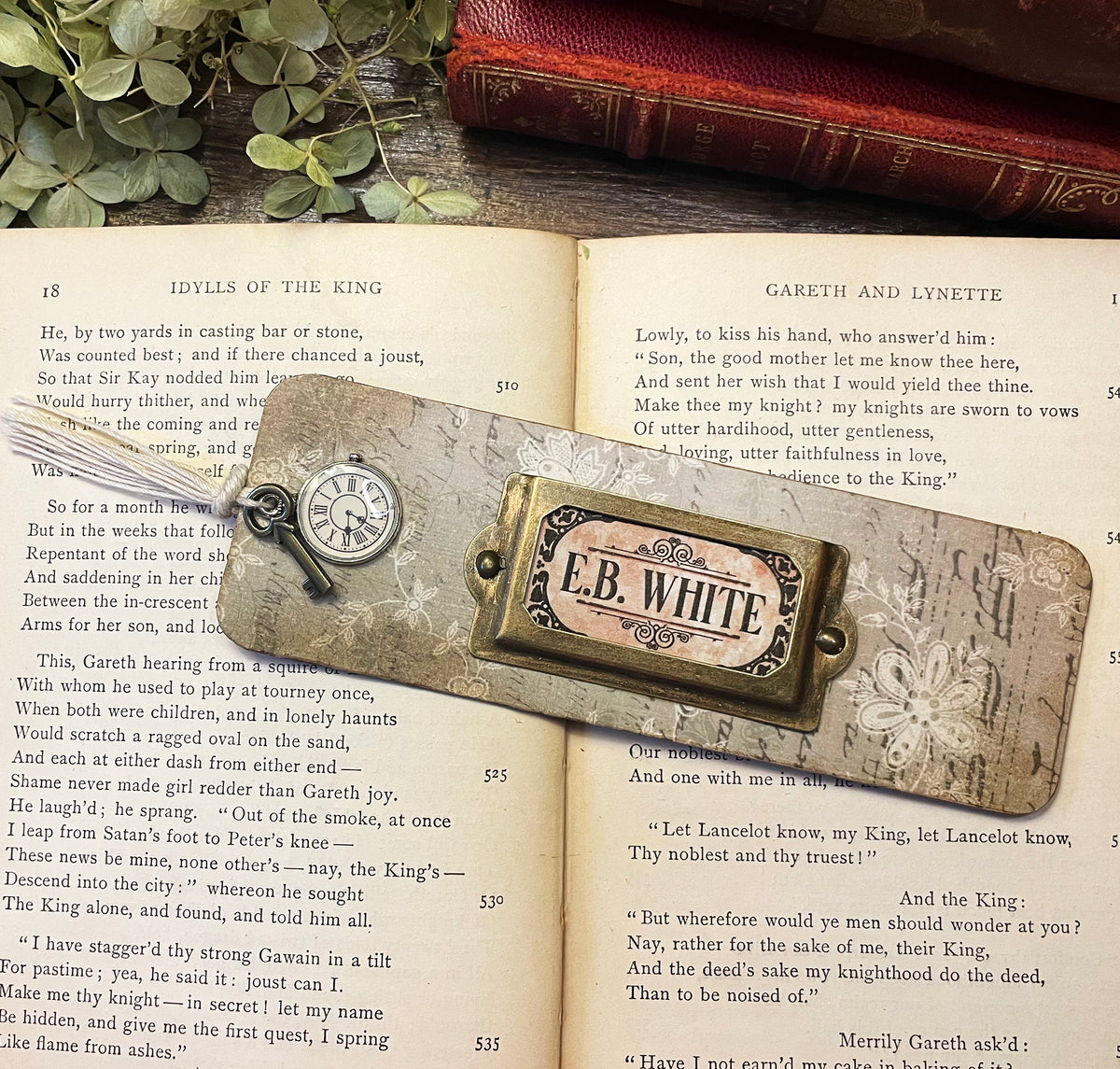 E.B. White Bookmark: Handmade Wood Bookmark with Tassel and Charm