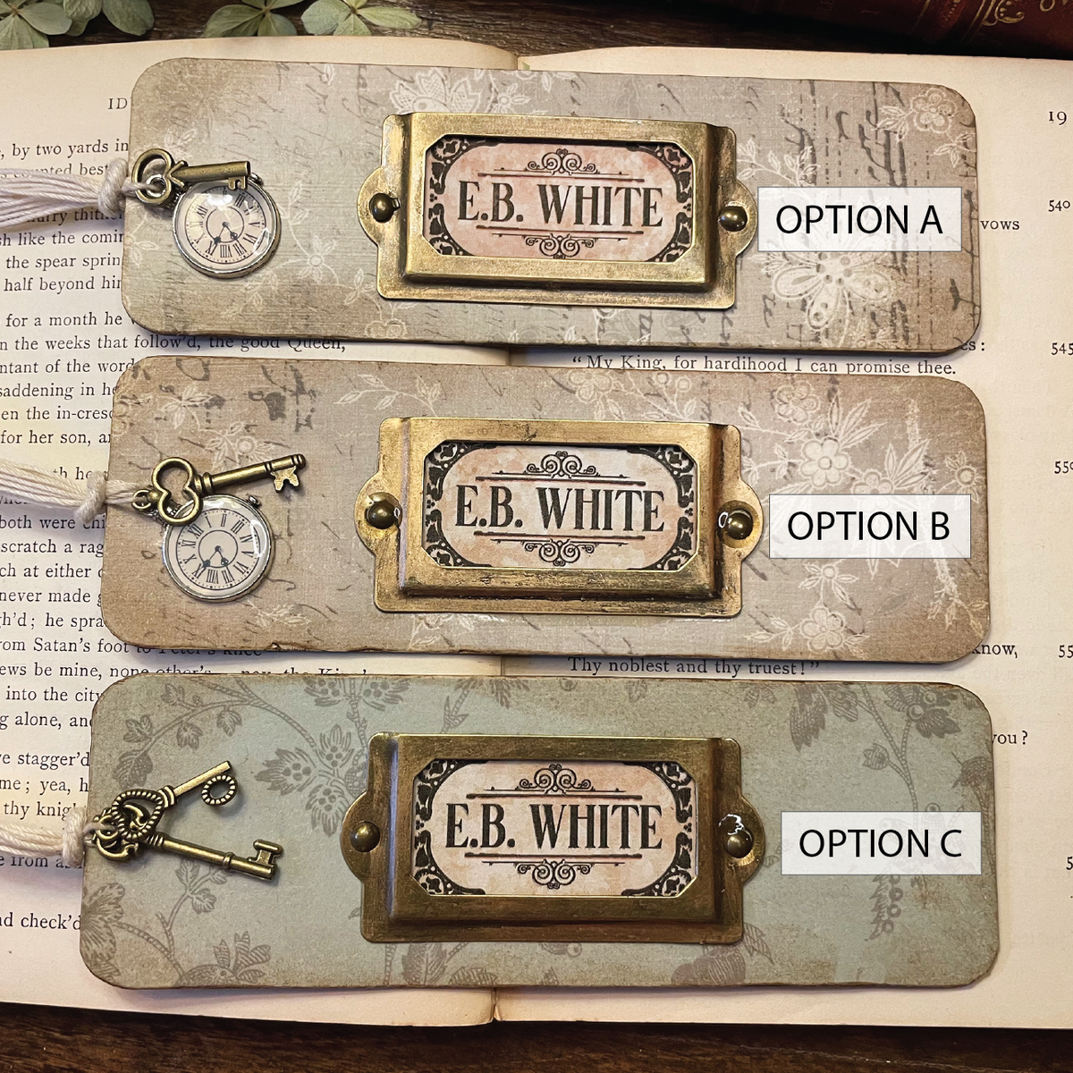 E.B. White Bookmark: Handmade Wood Bookmark with Tassel and Charm