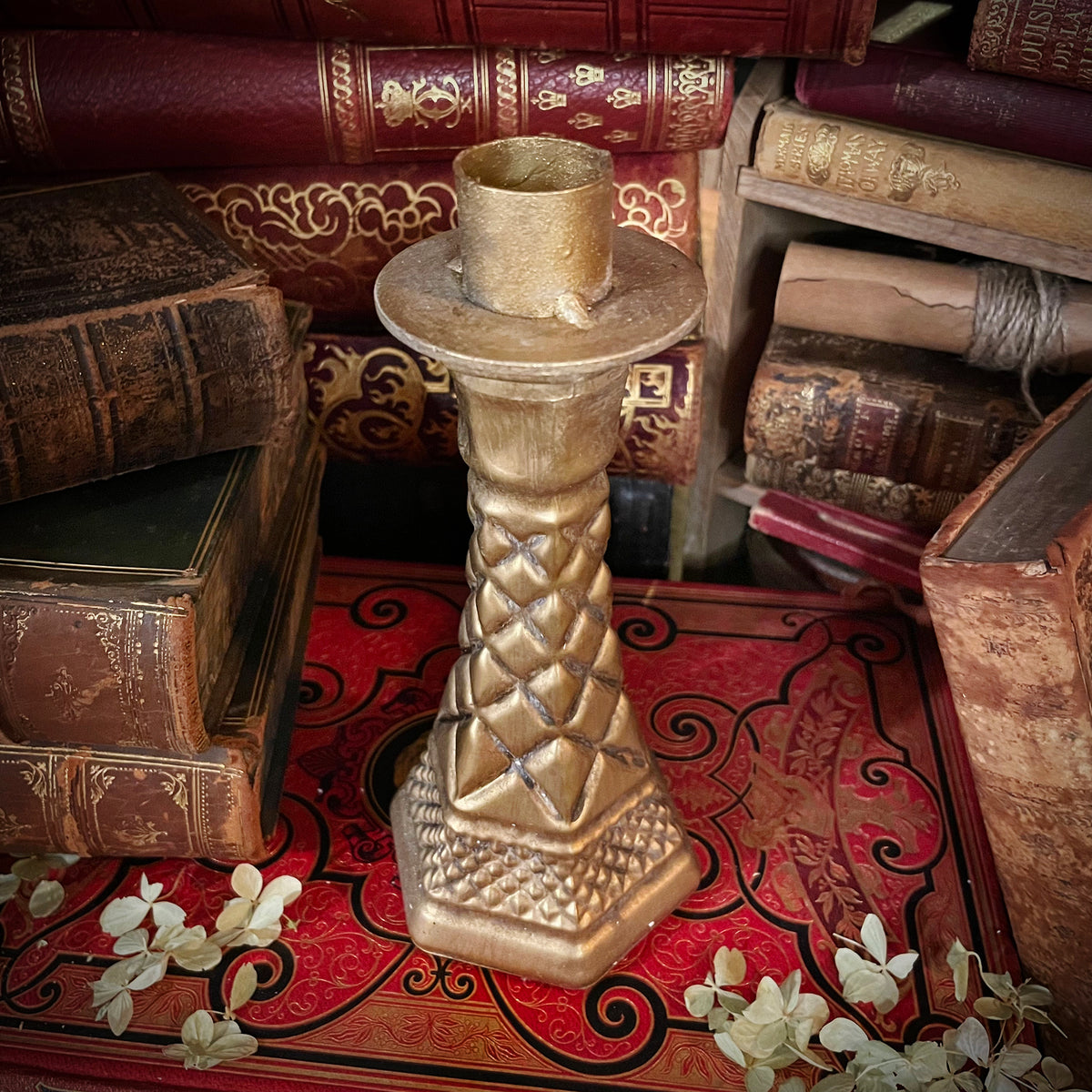 Dark Academia Gold Candlestick with Flickering Wax Candle, Battery-Operated