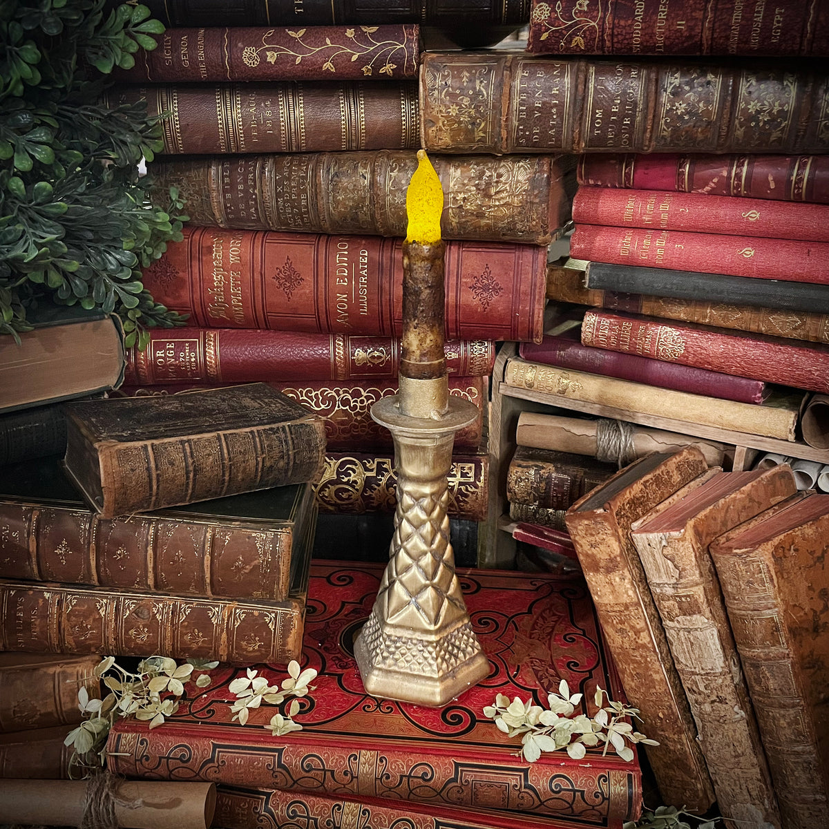 Dark Academia Gold Candlestick with Flickering Wax Candle, Battery-Operated