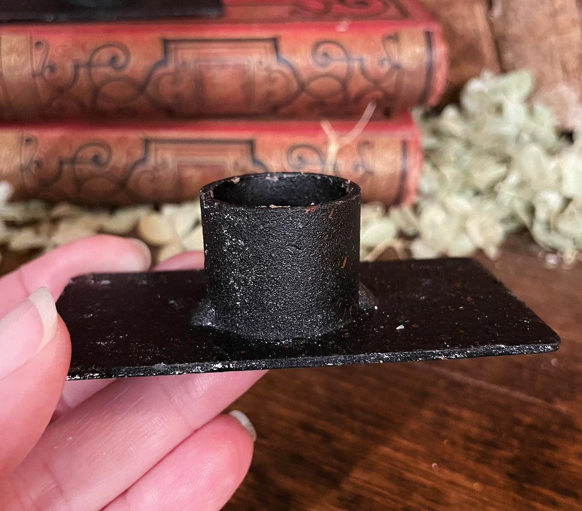 Old-World Black Iron Candle Stand with Flickering Wax Candle, Battery-Operated