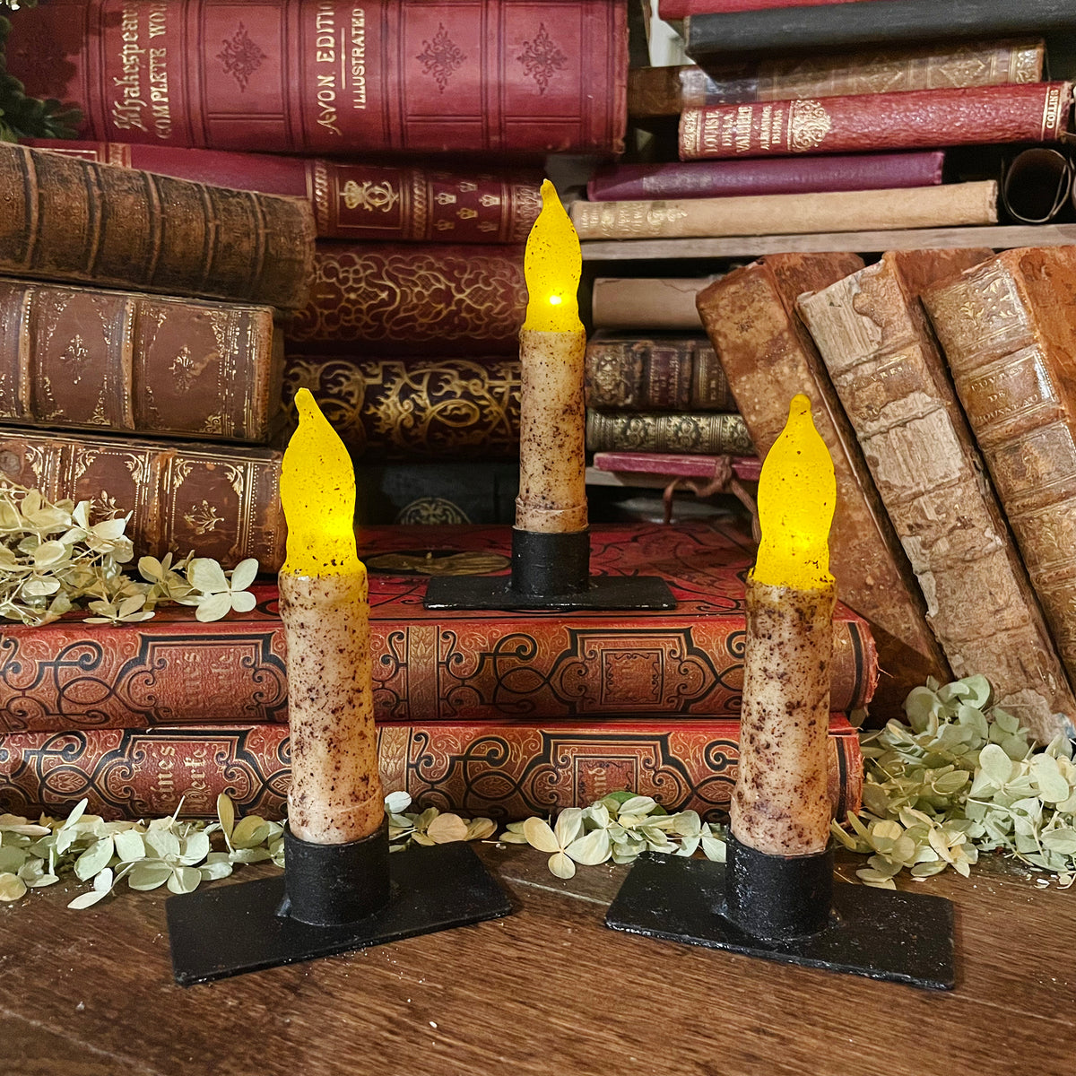 Old-World Black Iron Candle Stand with Flickering Wax Candle, Battery-Operated