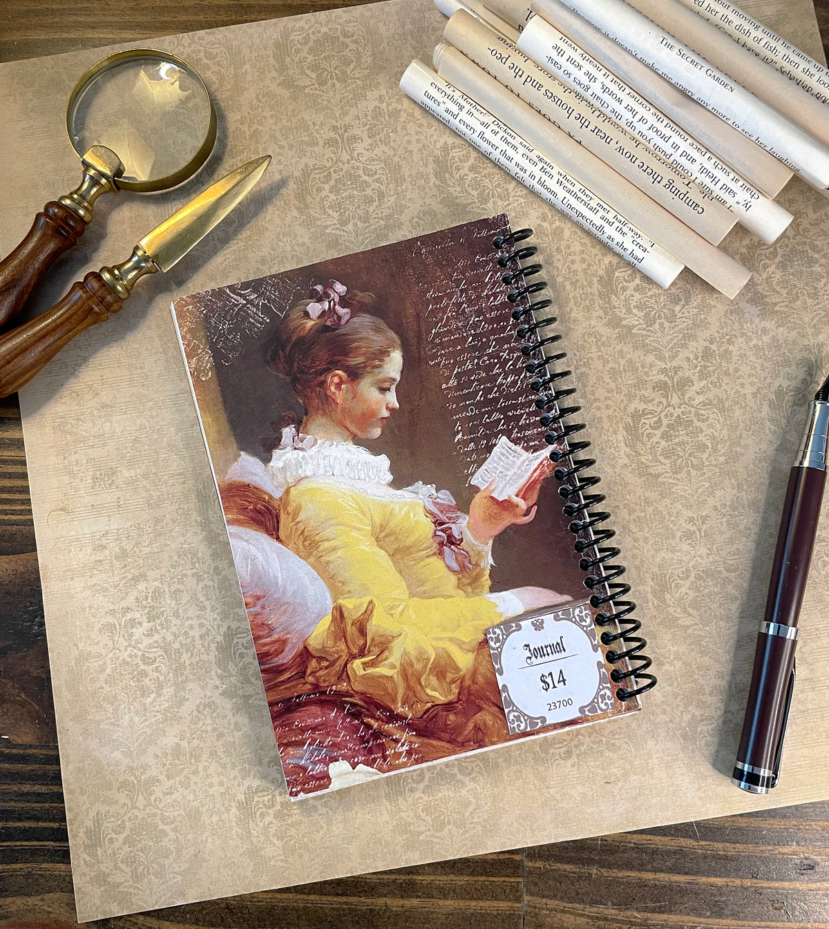 Reading Journal ("Young Girl Reading" by Jean-Honoré Fragonard), handmade journal featuring book pages from classic titles