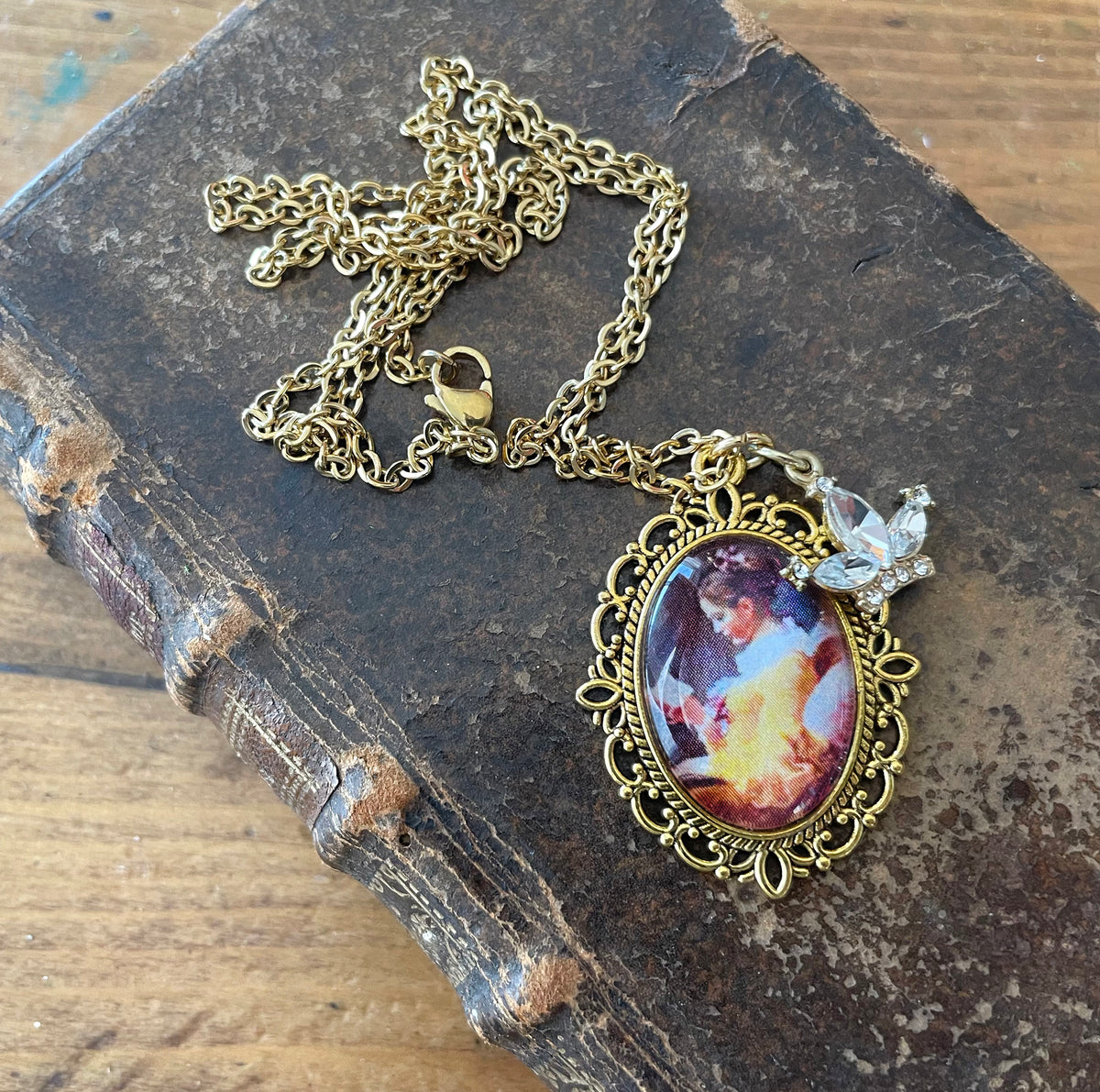 A Young Girl Reading Pendant Necklace, Gold Necklace, Portrait Necklace, 20” gold chain