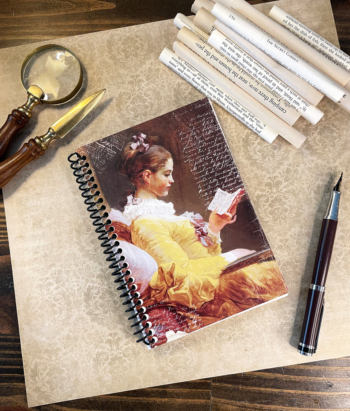 Reading Journal ("Young Girl Reading" by Jean-Honoré Fragonard), handmade journal featuring book pages from classic titles