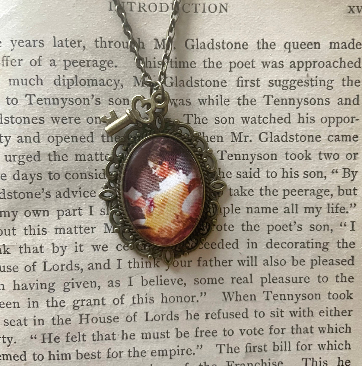 A Young Girl Reading Pendant Necklace, Bronze Necklace, Portrait Necklace, 18” bronze chain