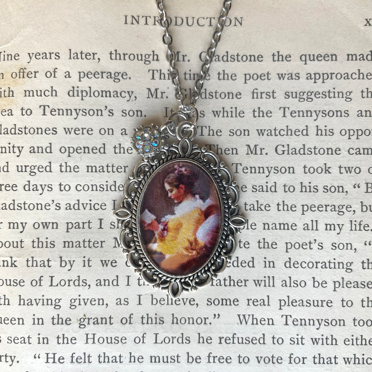 A Young Girl Reading Pendant Necklace, Silver Necklace, Portrait Necklace, 18” silver chain