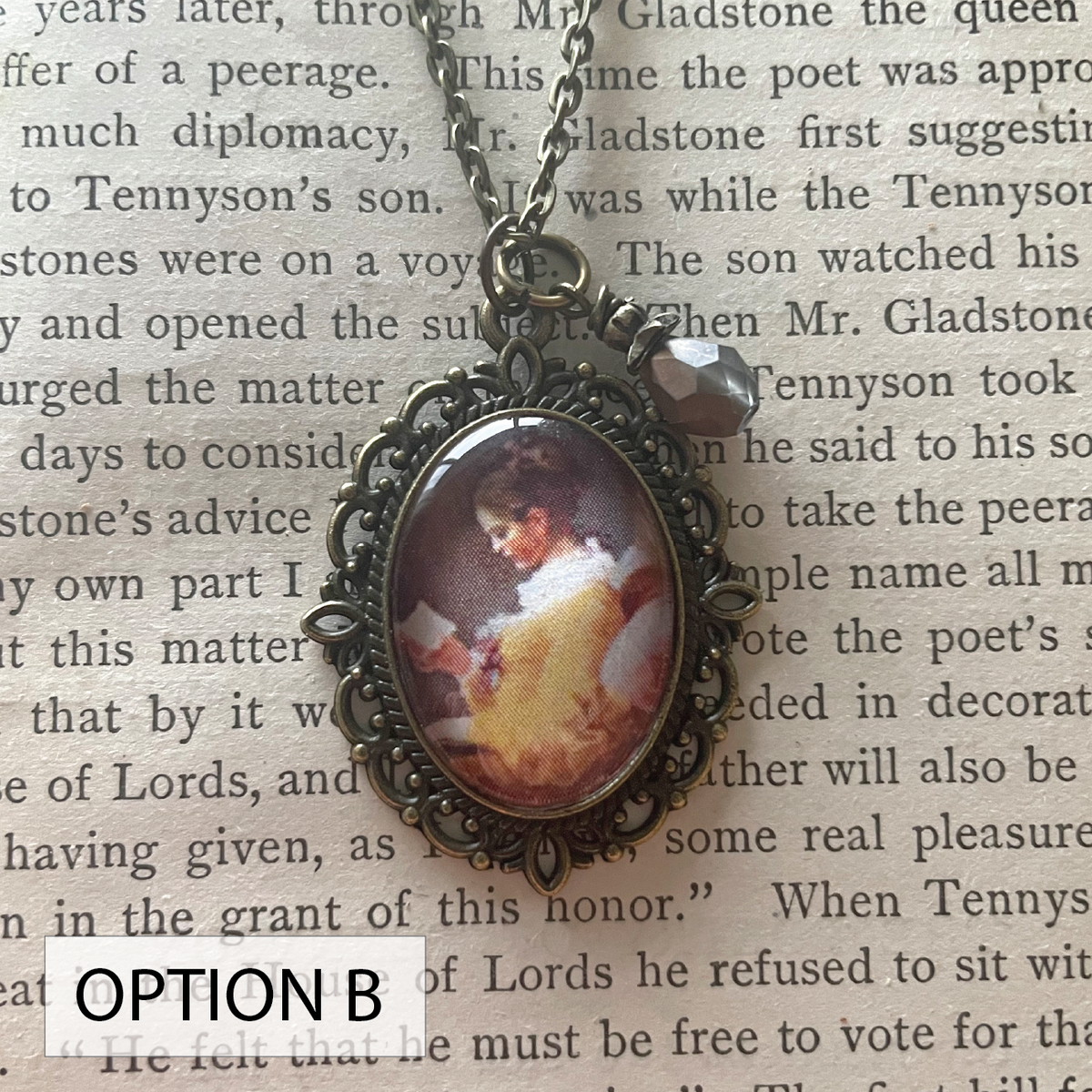A Young Girl Reading Pendant Necklace, Bronze Necklace, Portrait Necklace, 18” bronze chain