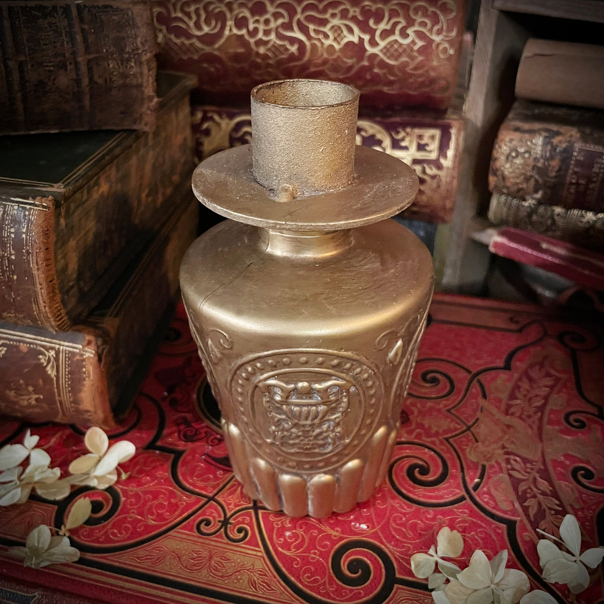 Antique Gold Candlestick with Flickering Wax Candle, Battery-Operated