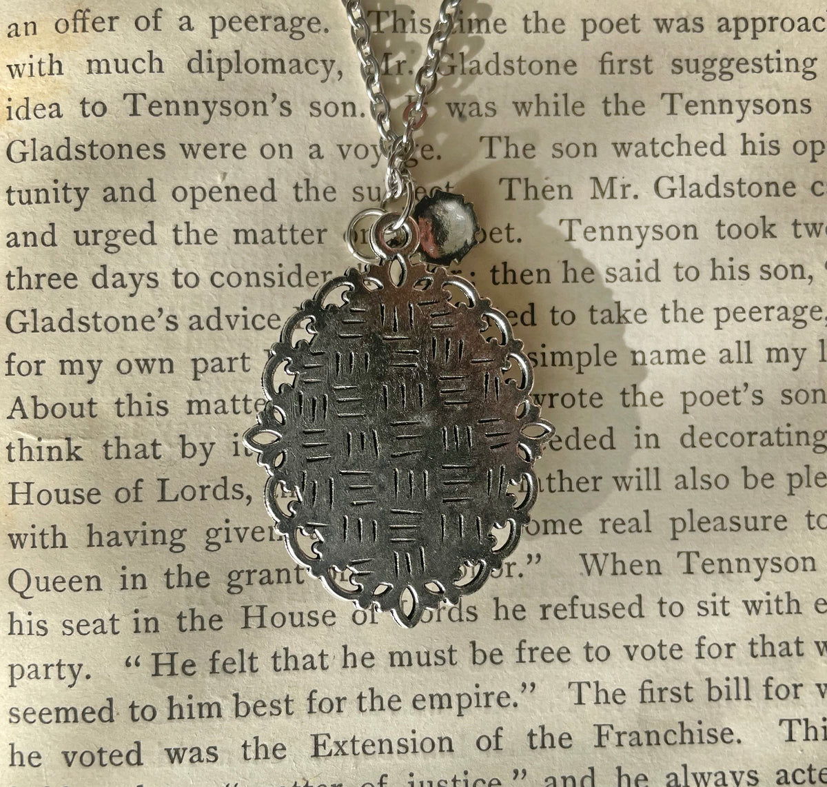 Portrait of a Lady with a Book Pendant Necklace, Silver Necklace, Portrait Necklace, 18” silver chain