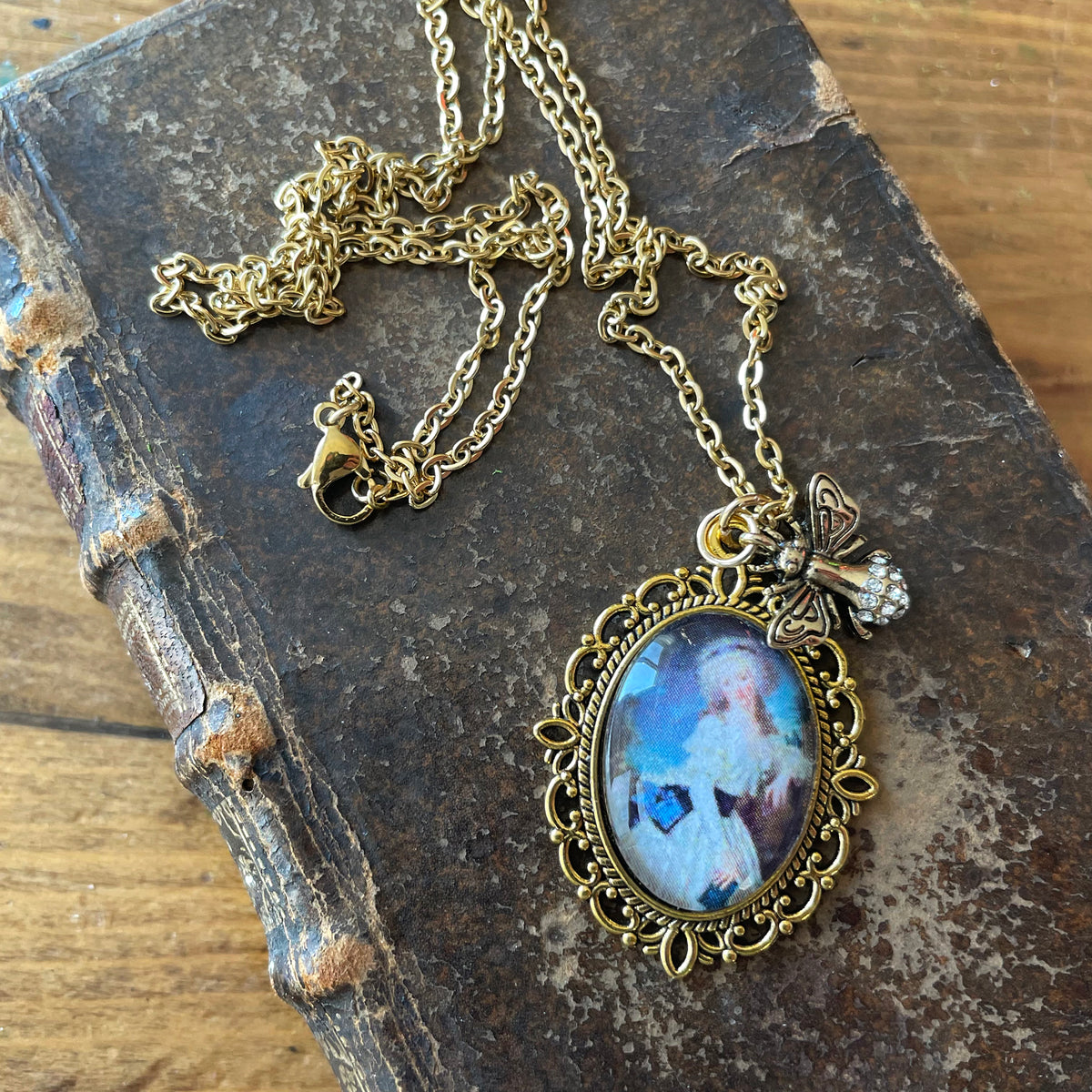 Portrait of a Lady with a Book Pendant Necklace, Gold Necklace, Portrait Necklace, 20” gold chain